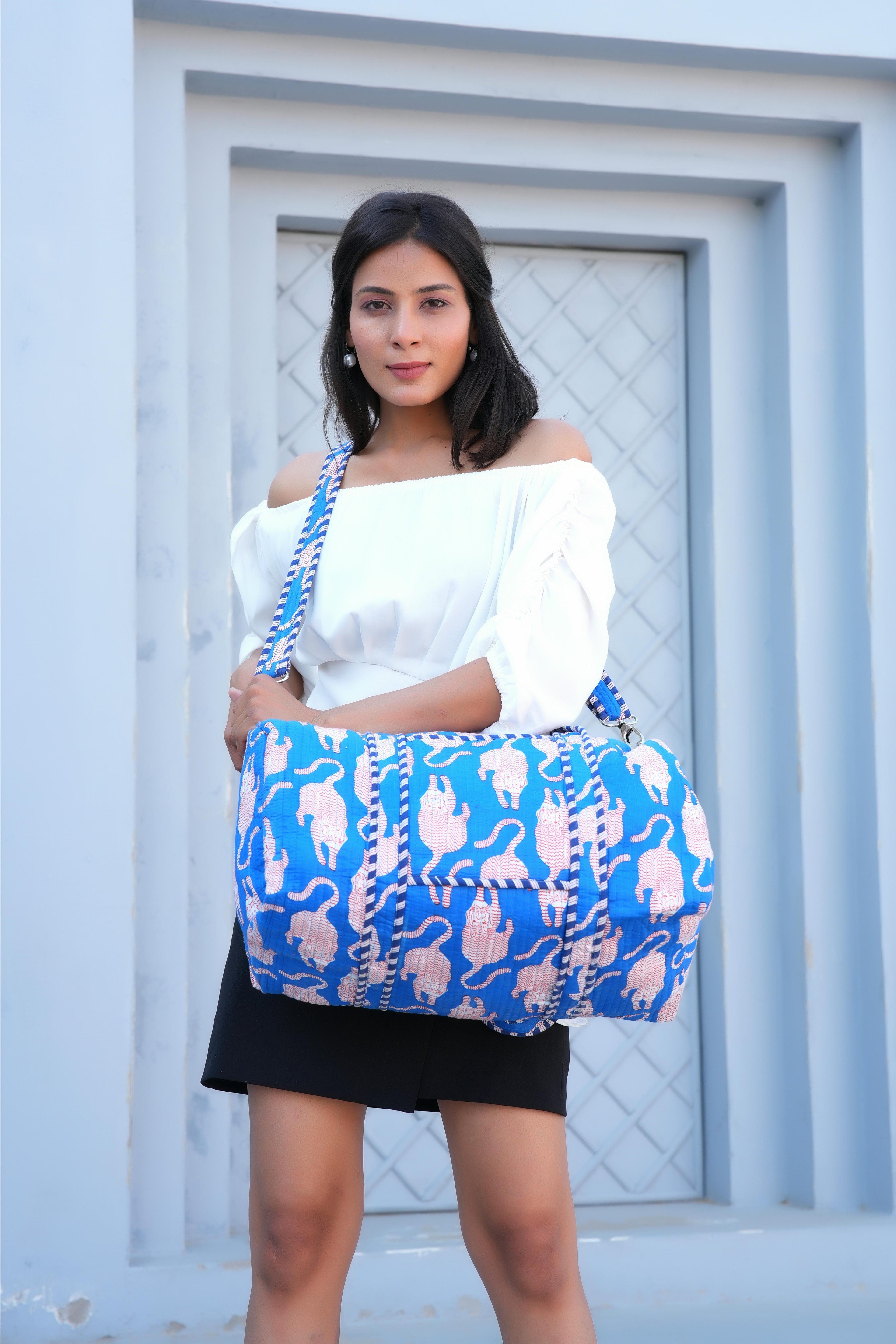 The Mouse Tiger Cotton Weekender — handmade hand block printed cotton weekender bag, ethically made in Rajasthan, India