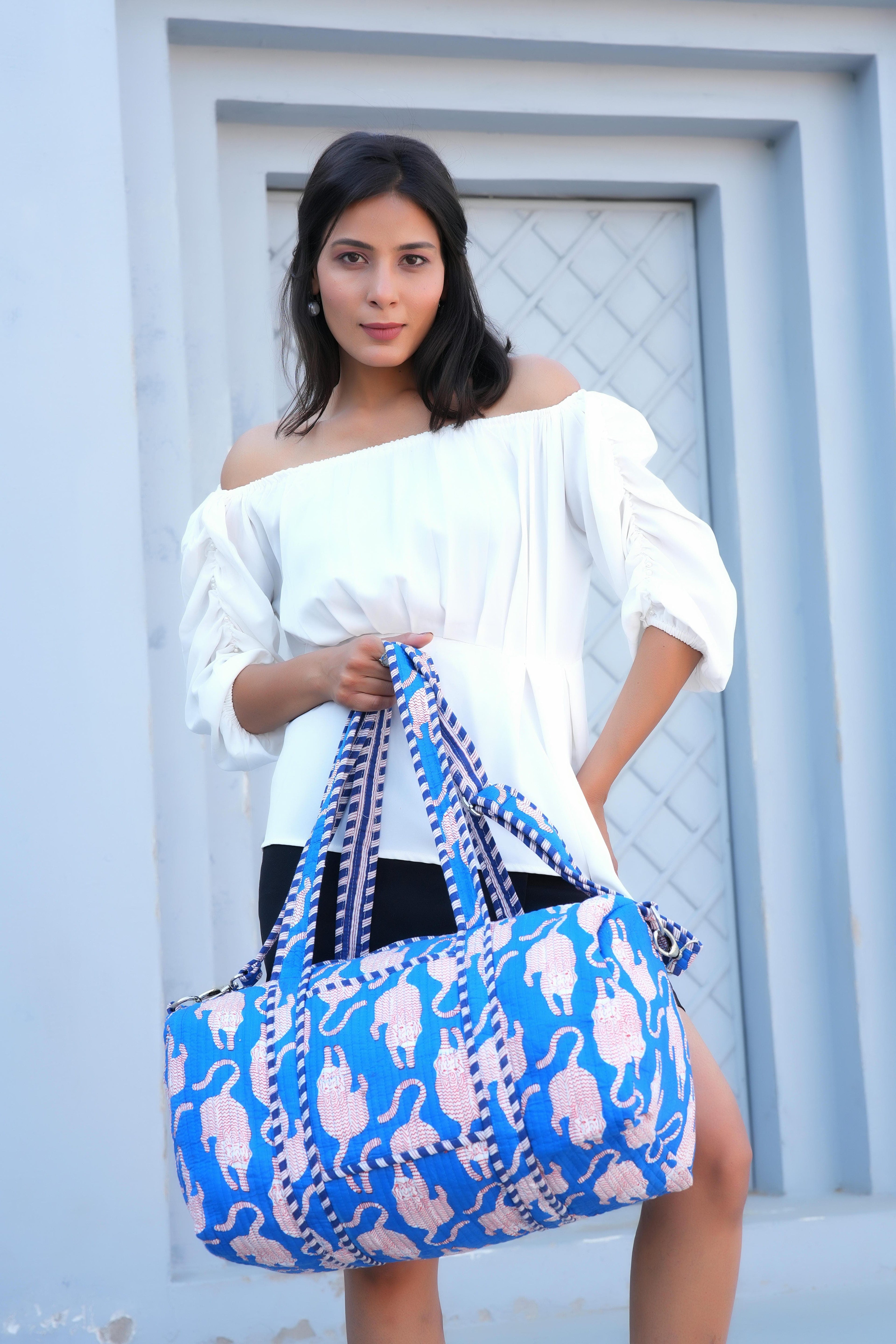 The Mouse Tiger Cotton Weekender — handmade hand block printed cotton weekender bag, ethically made in Rajasthan, India