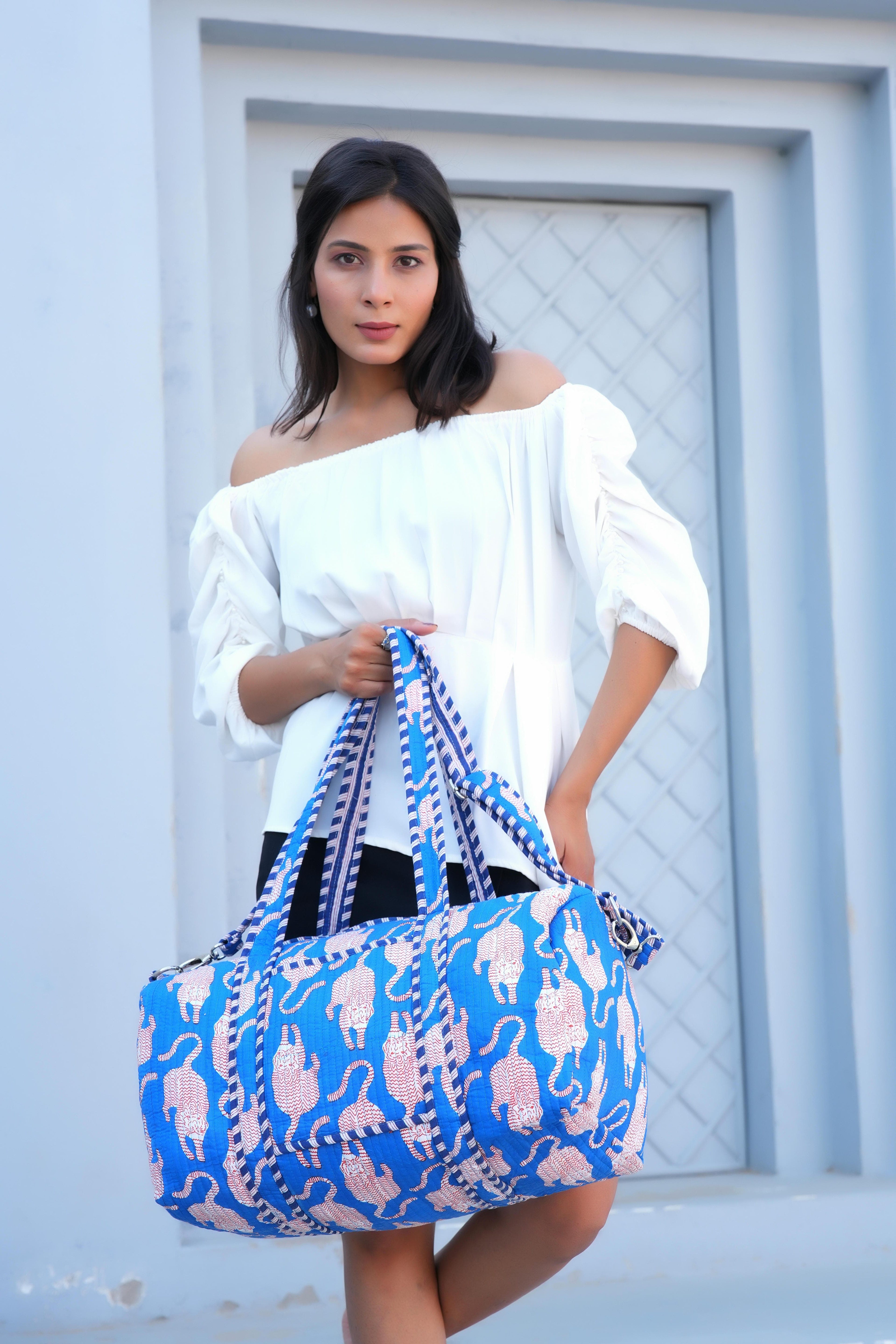 The Mouse Tiger Cotton Weekender — handmade hand block printed cotton weekender bag, ethically made in Rajasthan, India