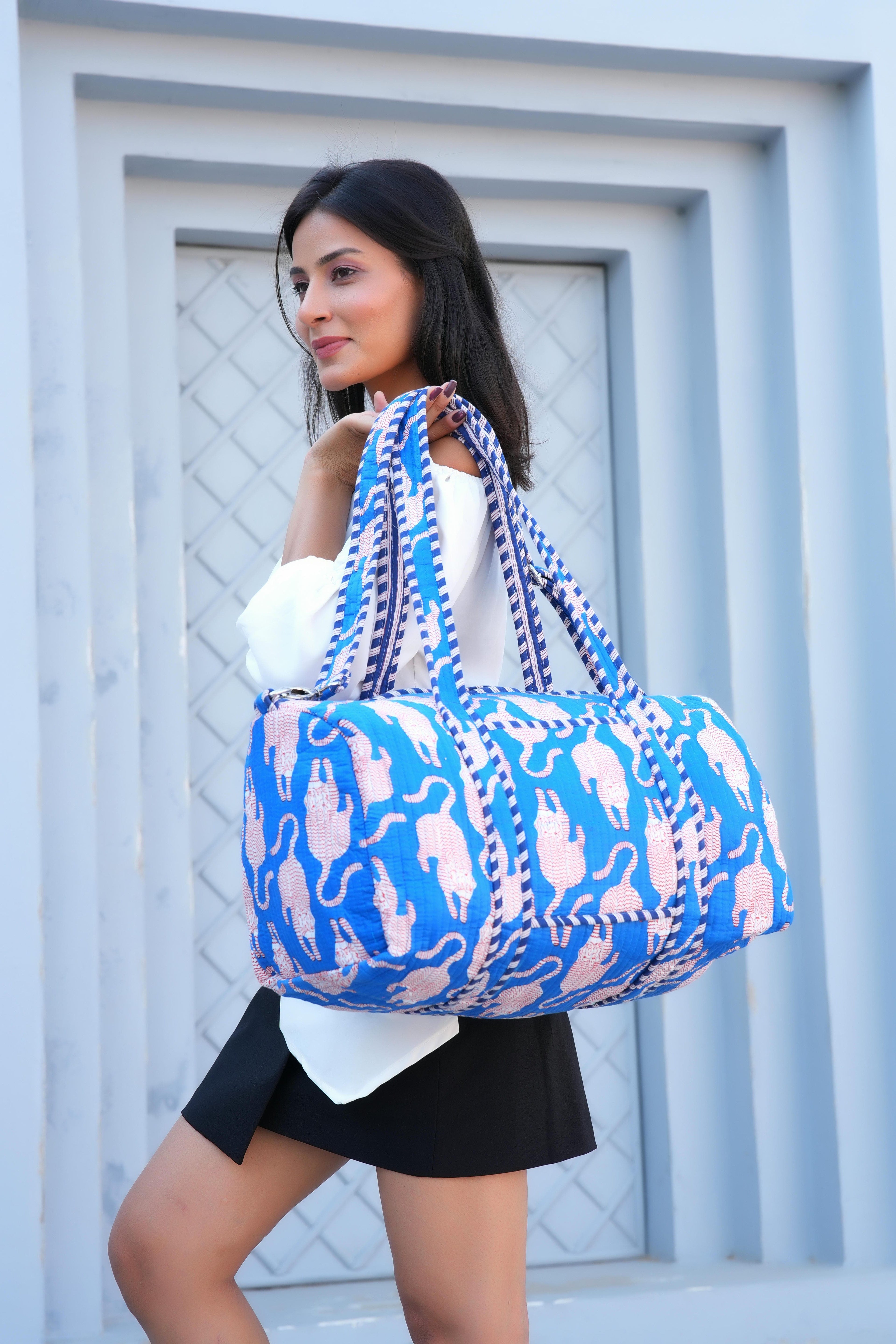 The Mouse Tiger Cotton Weekender — handmade hand block printed cotton weekender bag, ethically made in Rajasthan, India