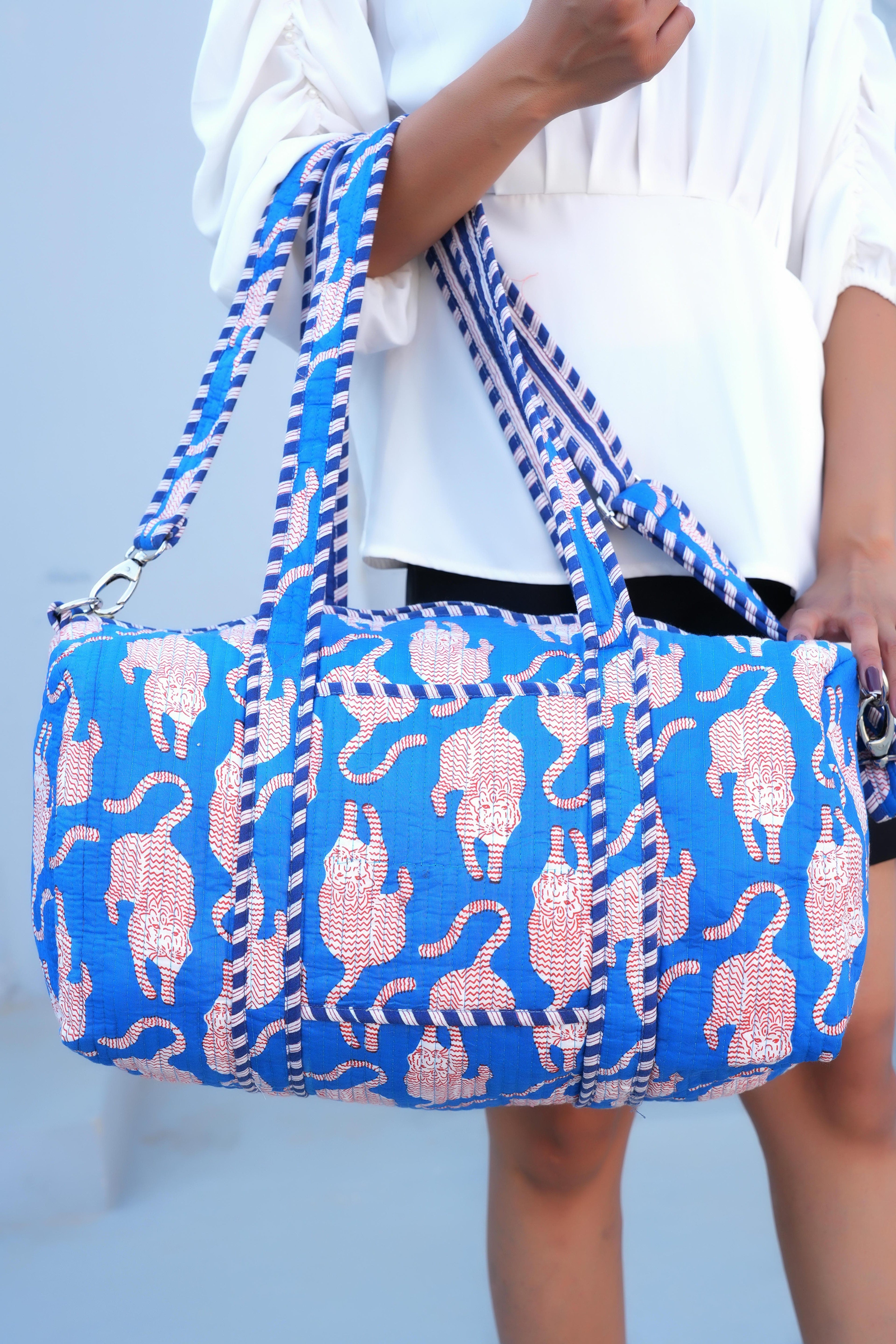 The Mouse Tiger Cotton Weekender — handmade hand block printed cotton weekender bag, ethically made in Rajasthan, India