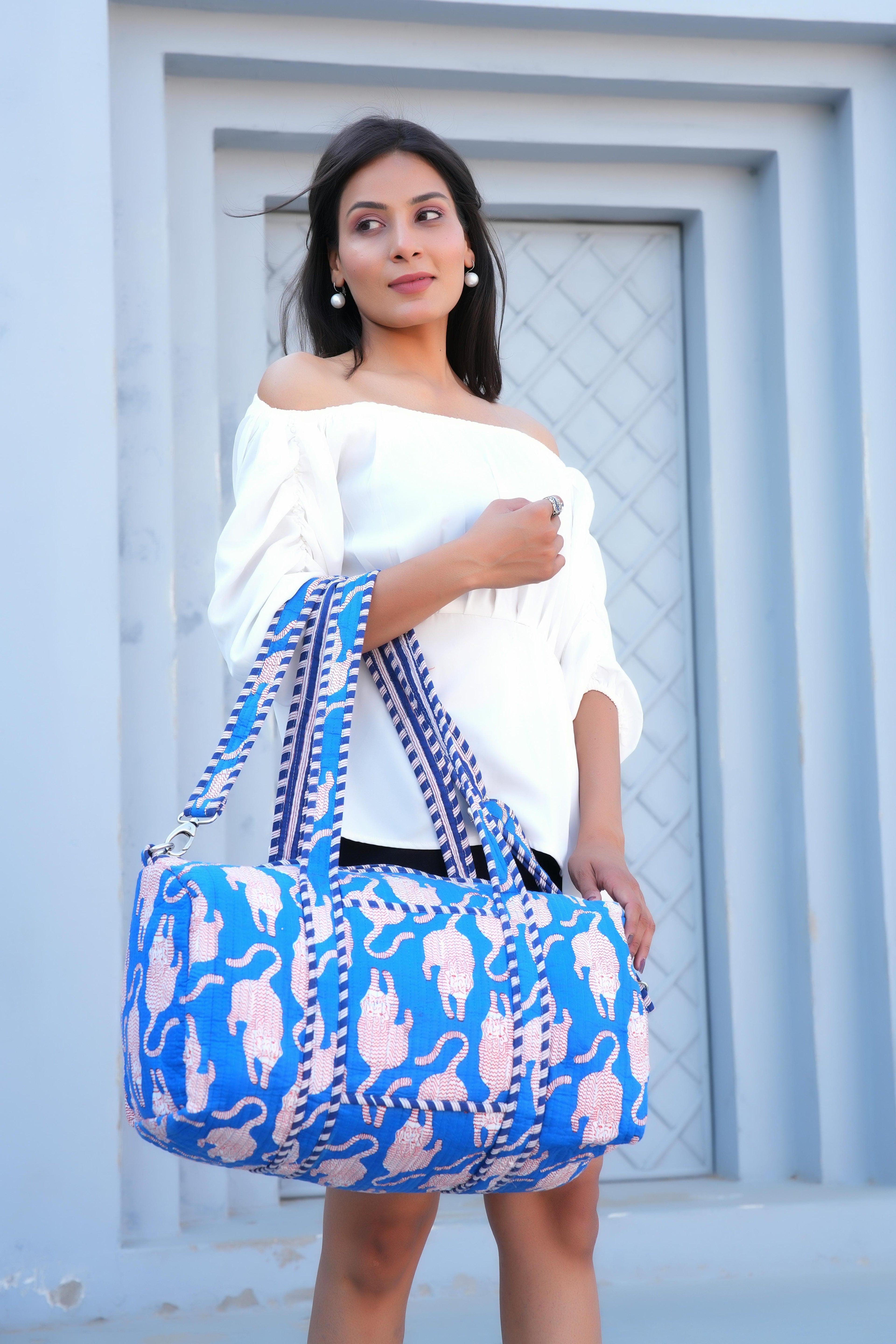 The Mouse Tiger Cotton Weekender — handmade hand block printed cotton weekender bag, ethically made in Rajasthan, India