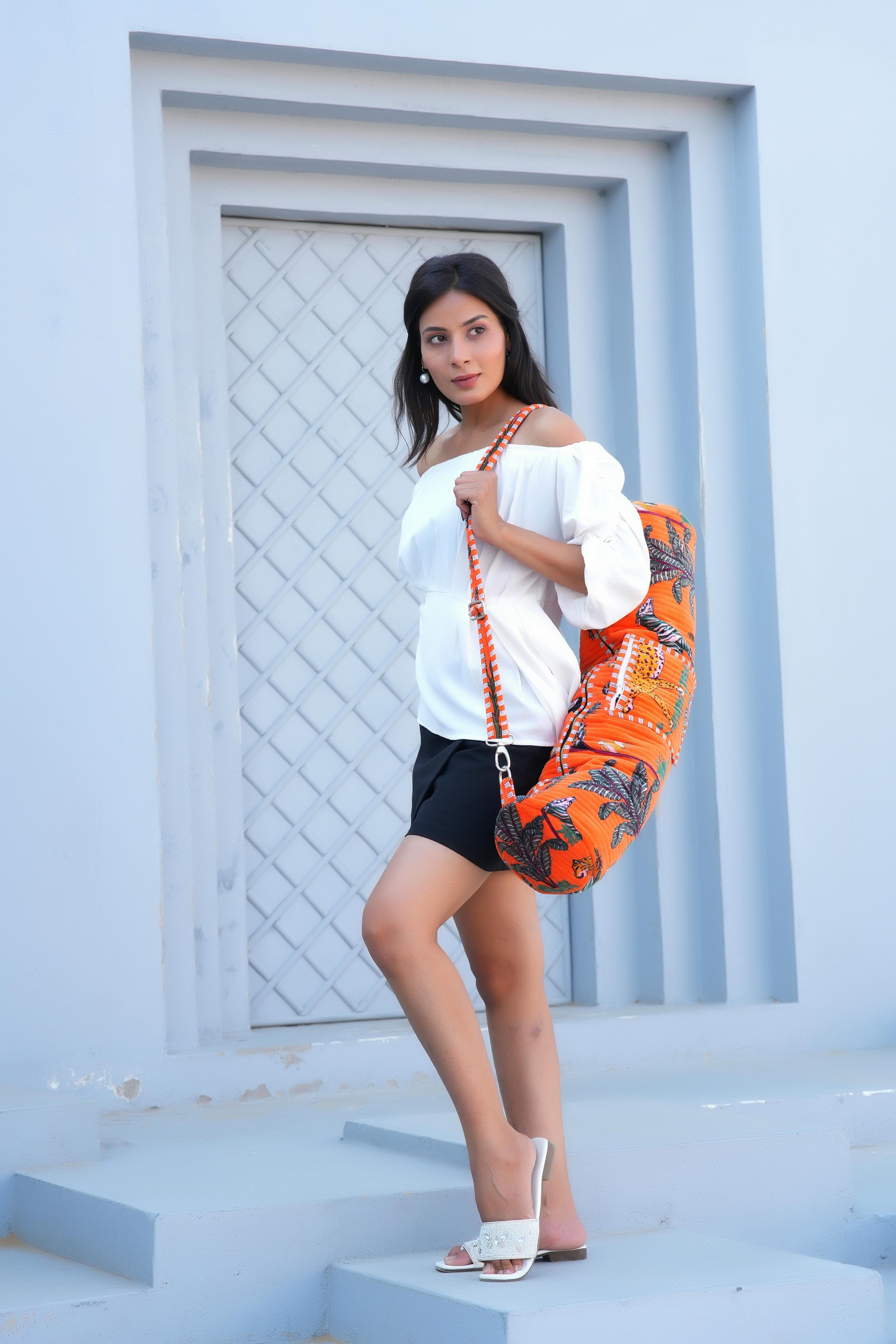The Jungle Velvet Yoga Bag — handmade quilted velvet yoga mat bag, ethically made in Rajasthan, India