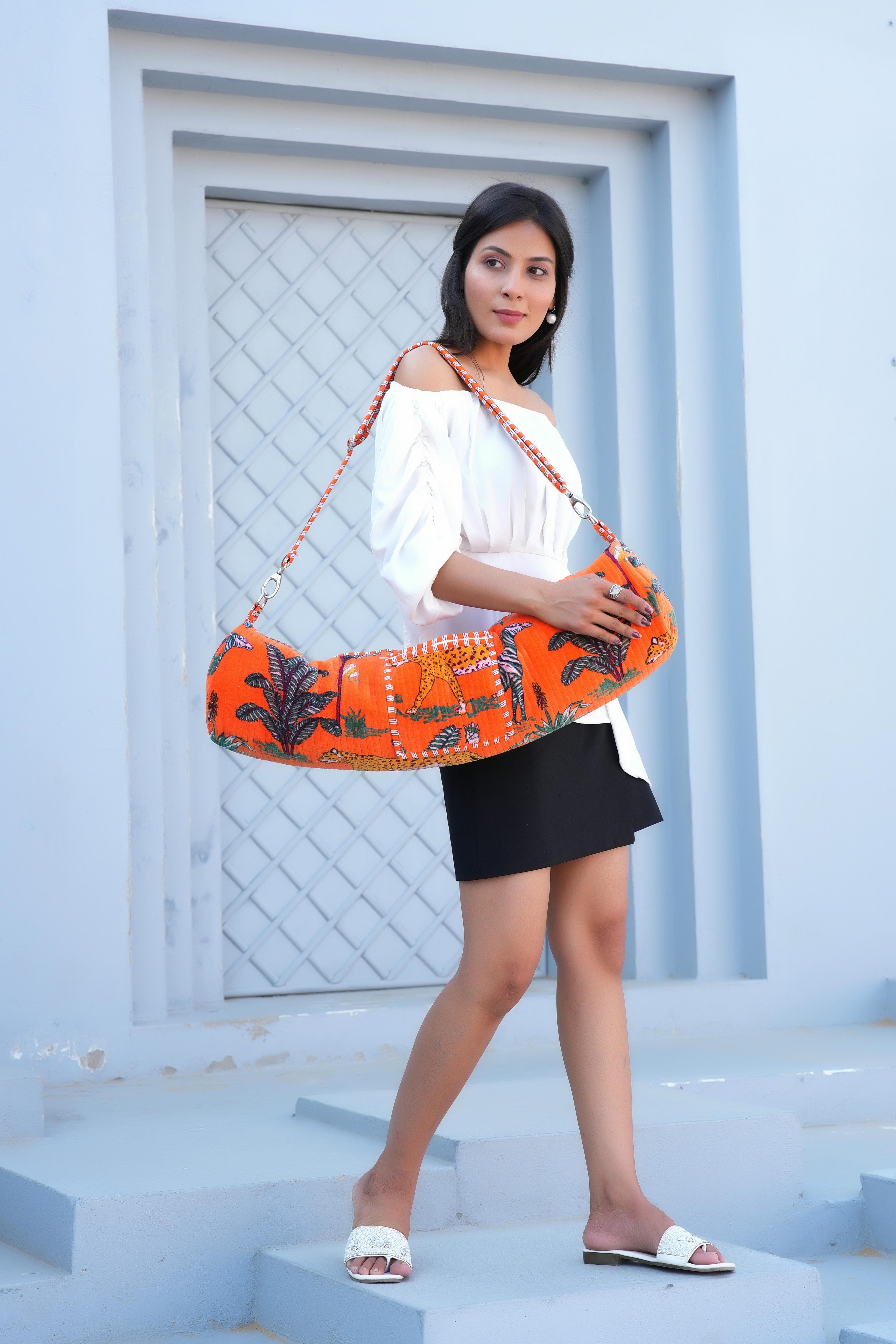 The Jungle Velvet Yoga Bag — handmade quilted velvet yoga mat bag, ethically made in Rajasthan, India