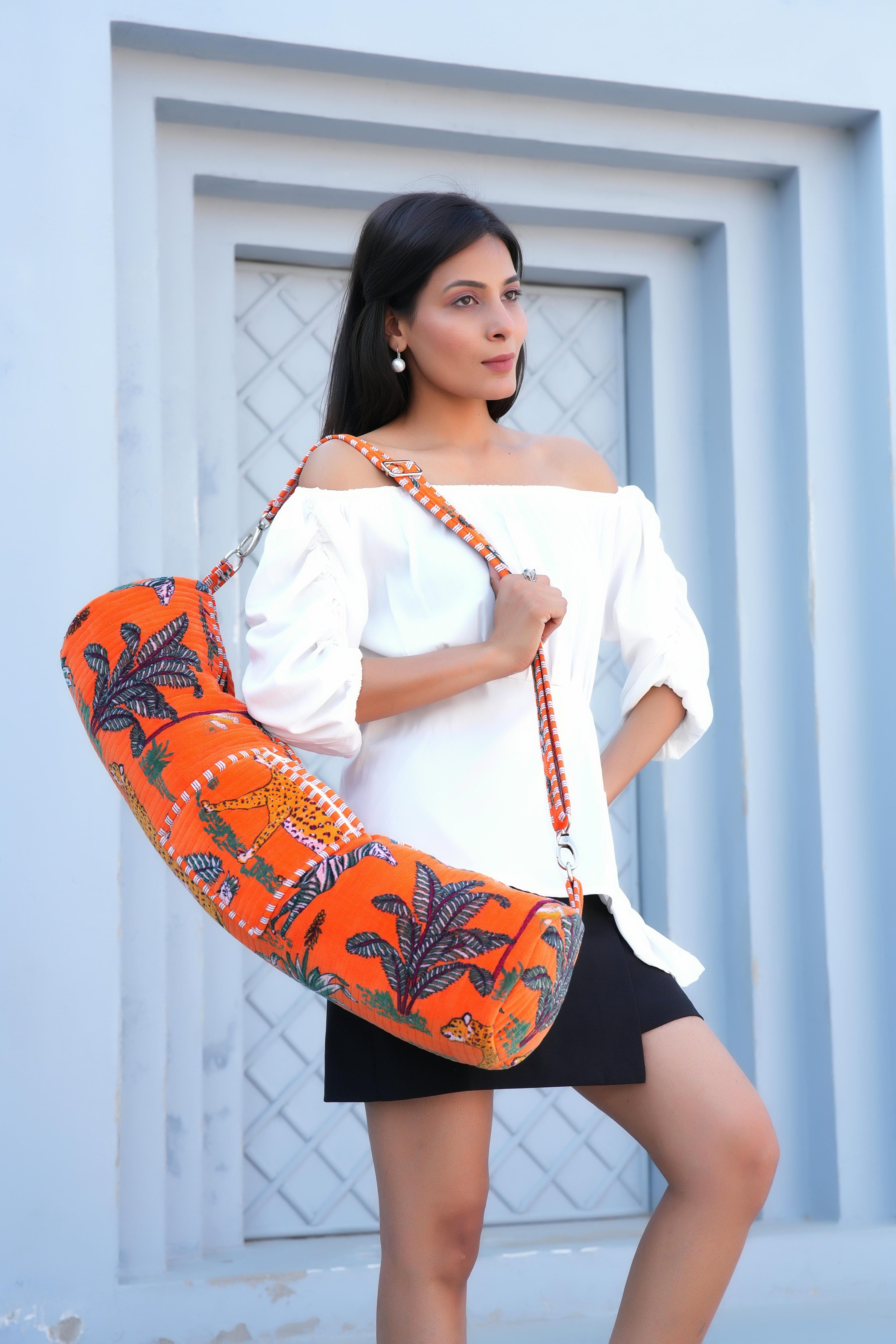 The Jungle Velvet Yoga Bag — handmade quilted velvet yoga mat bag, ethically made in Rajasthan, India
