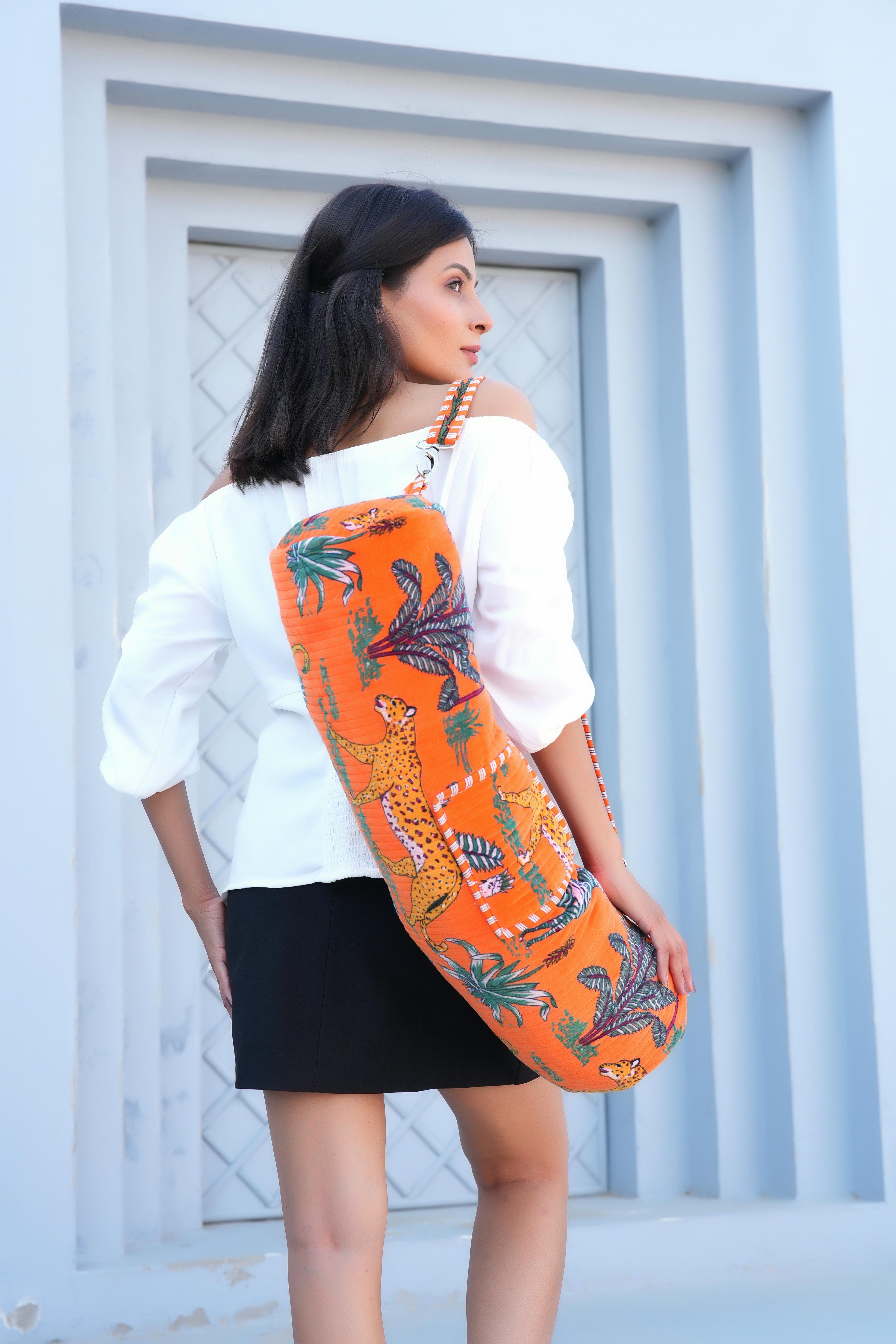 The Jungle Velvet Yoga Bag — handmade quilted velvet yoga mat bag, ethically made in Rajasthan, India