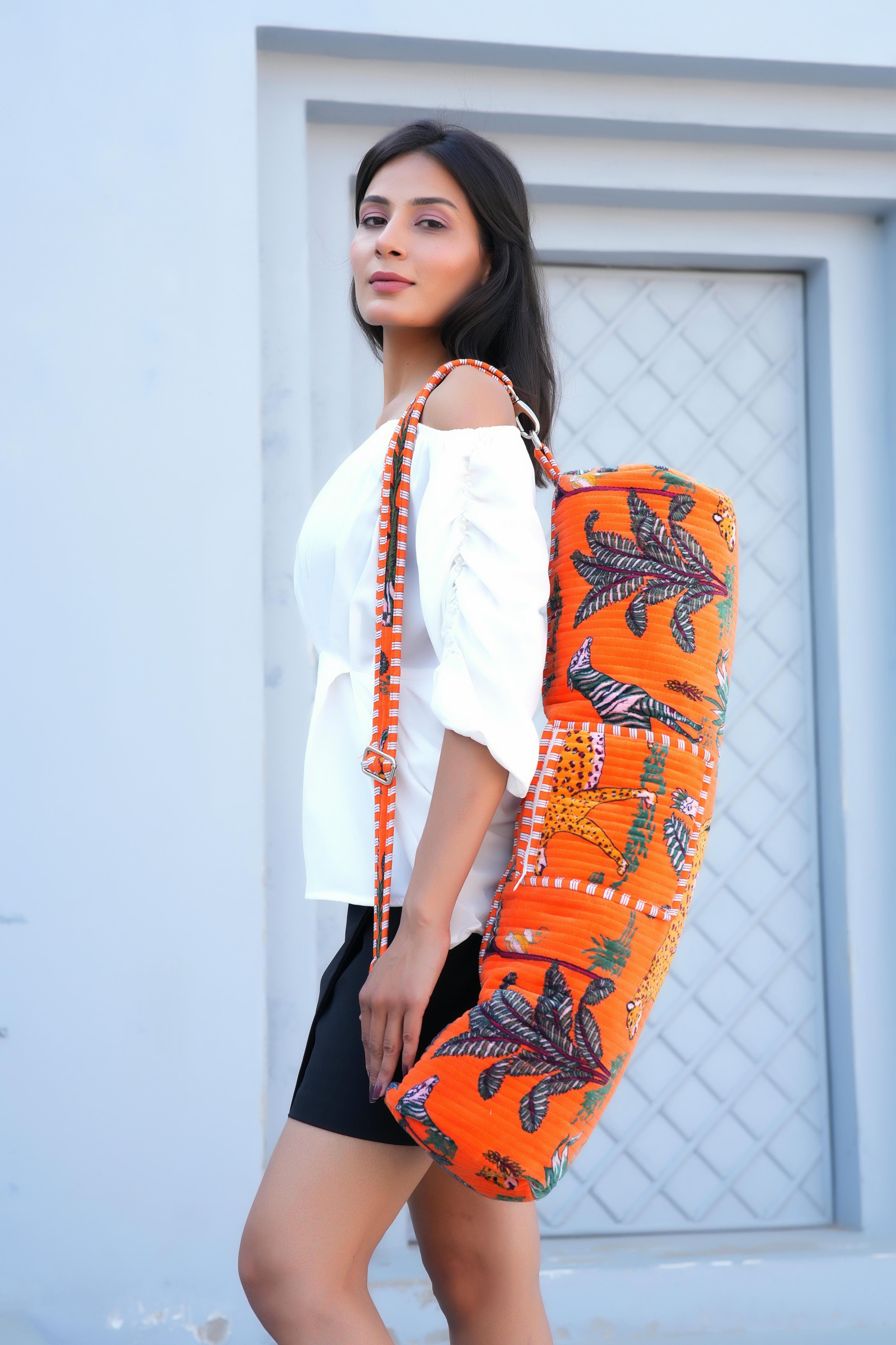 The Jungle Velvet Yoga Bag — handmade quilted velvet yoga mat bag, ethically made in Rajasthan, India