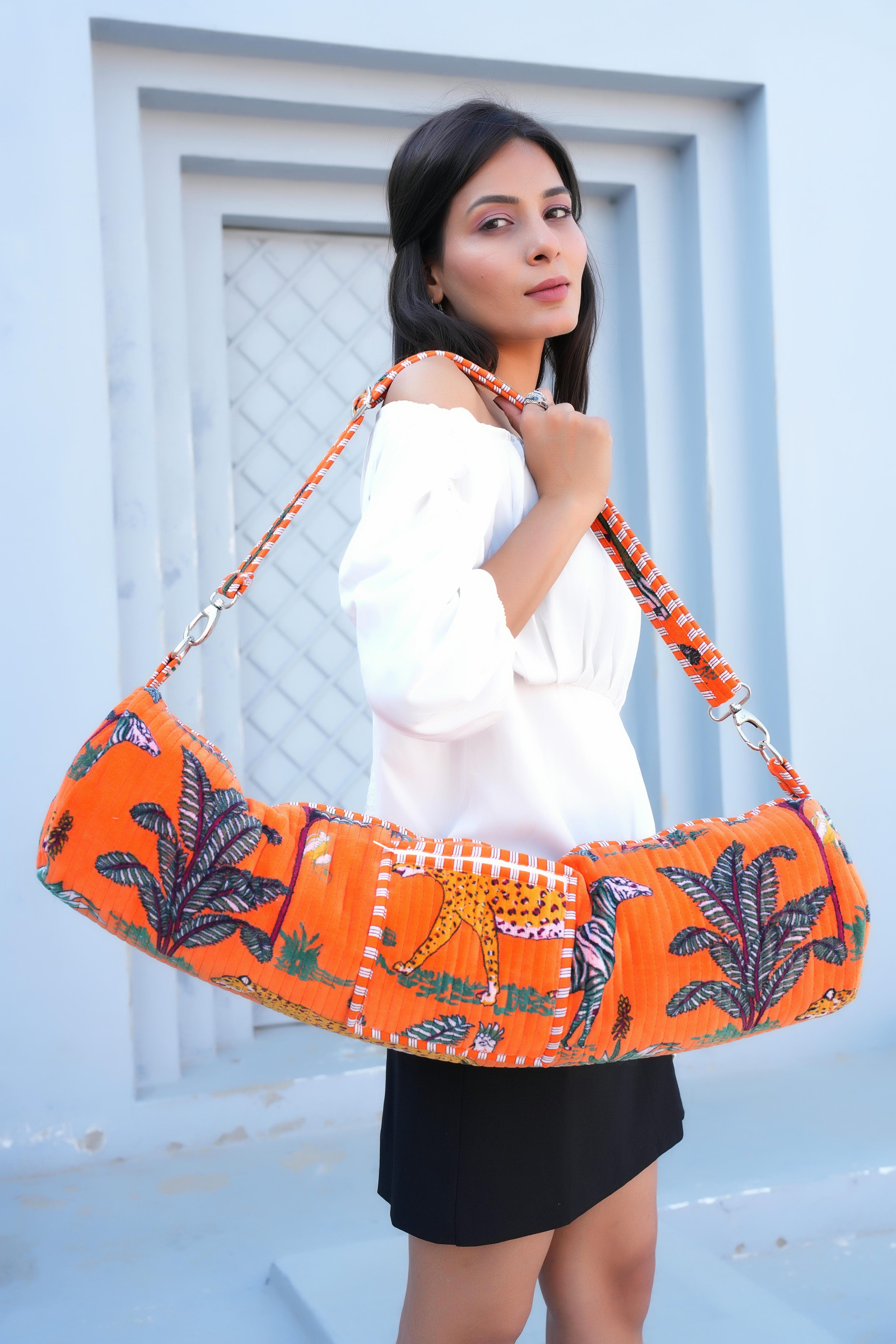 The Jungle Velvet Yoga Bag — handmade quilted velvet yoga mat bag, ethically made in Rajasthan, India