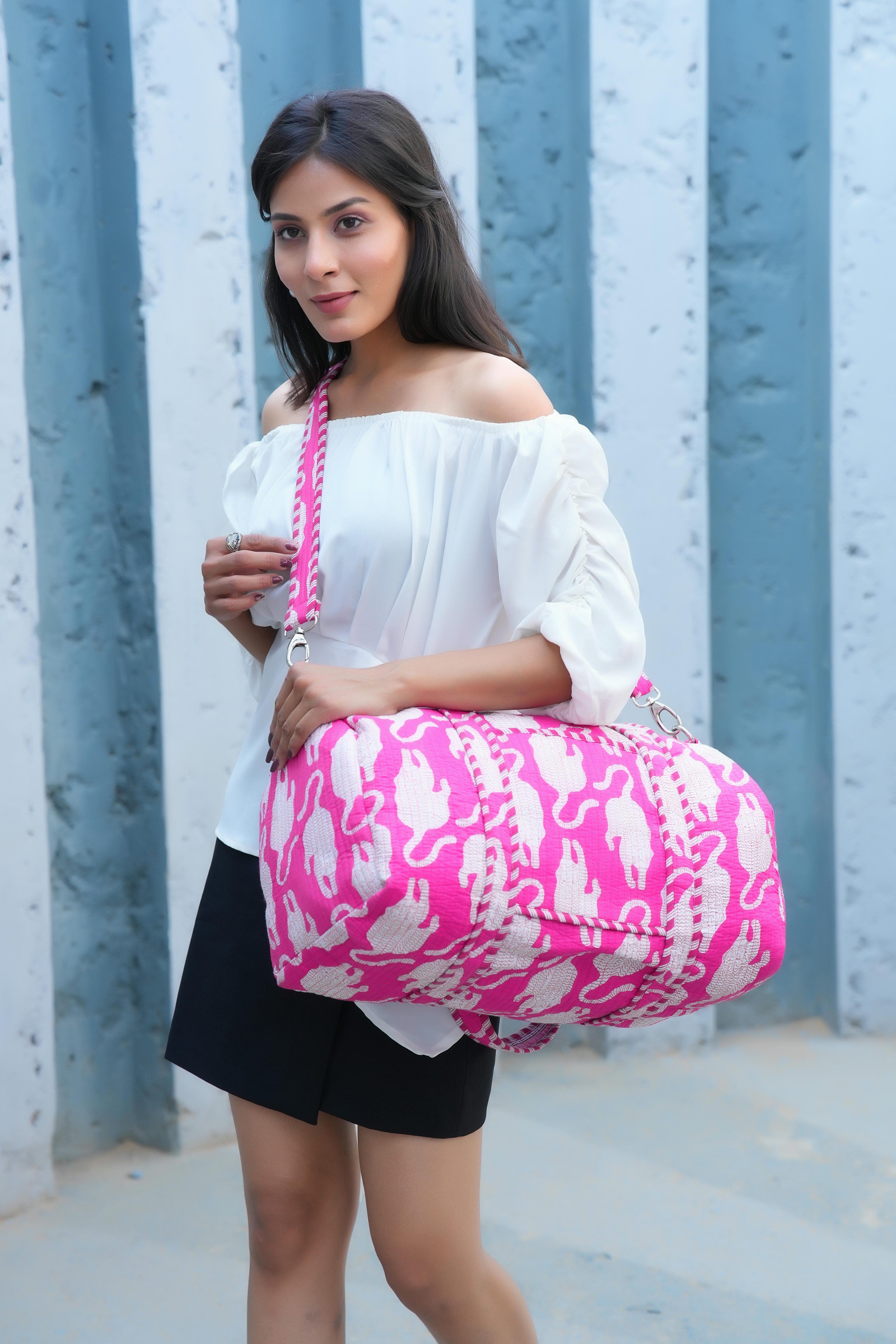 The Mouse Tiger Cotton Weekender — handmade hand block printed cotton weekender bag, ethically made in Rajasthan, India