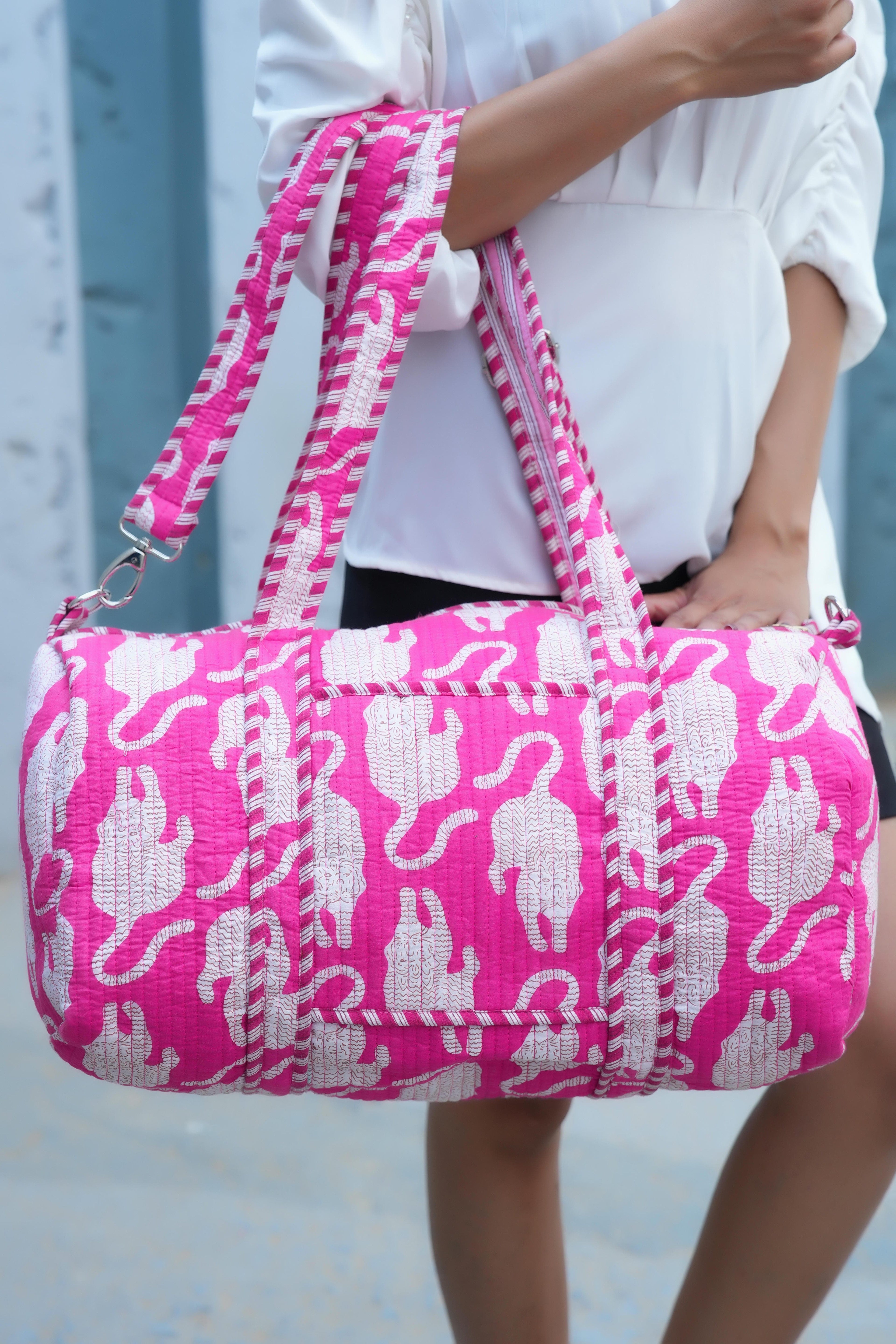 The Mouse Tiger Cotton Weekender — handmade hand block printed cotton weekender bag, ethically made in Rajasthan, India