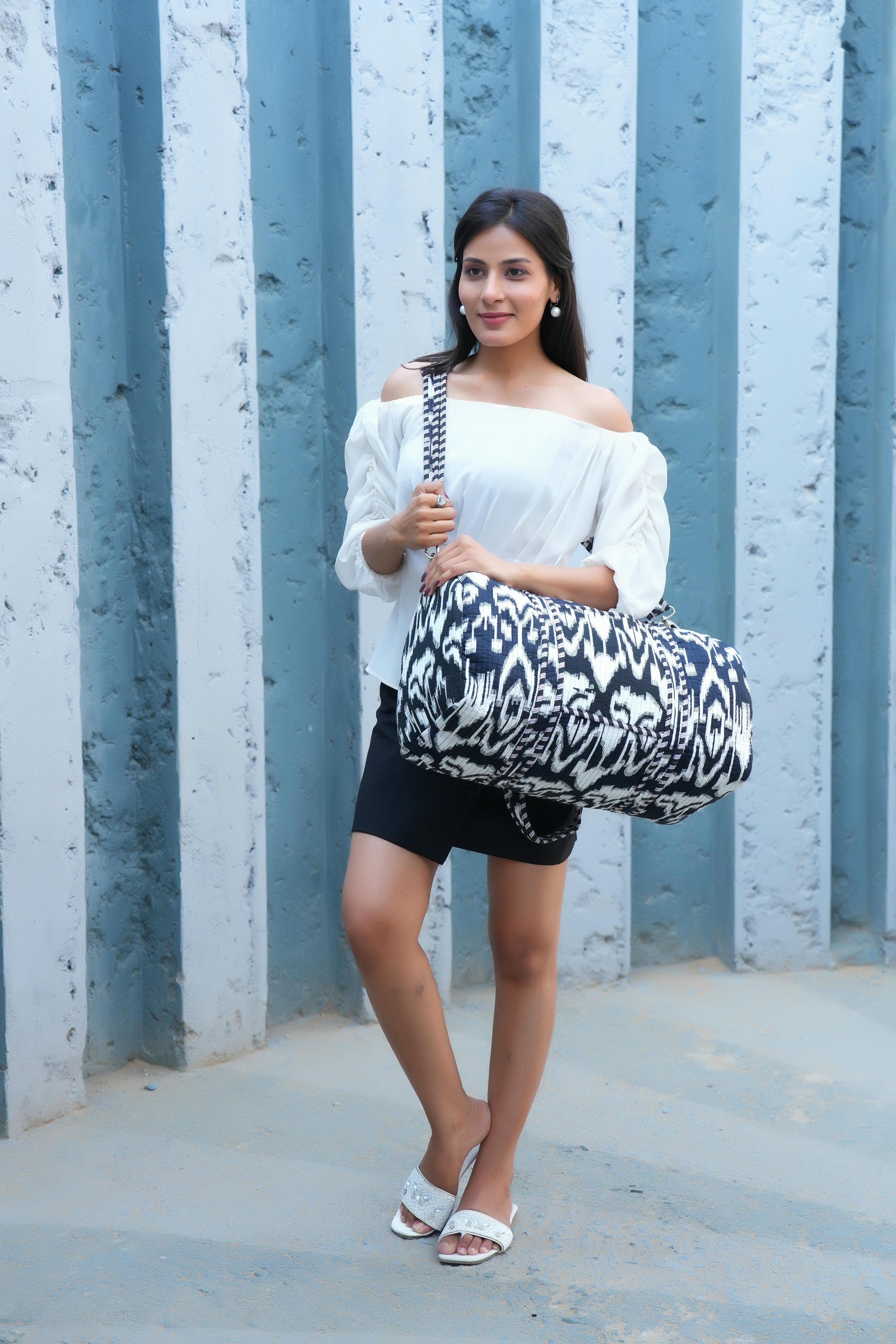 The Ikat Cotton Weekender — handmade hand block printed cotton weekender bag, ethically made in Rajasthan, India