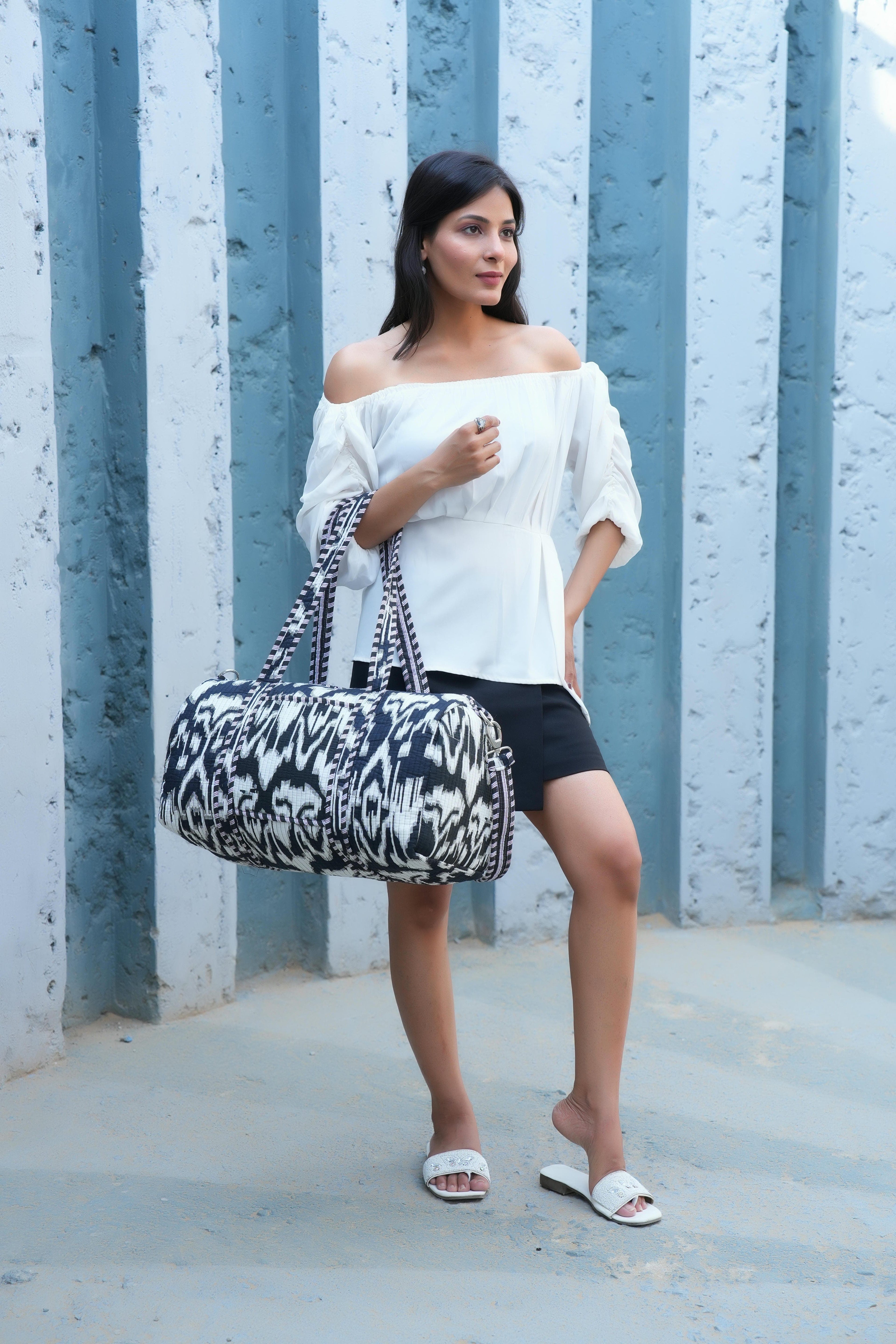 The Ikat Cotton Weekender — handmade hand block printed cotton weekender bag, ethically made in Rajasthan, India