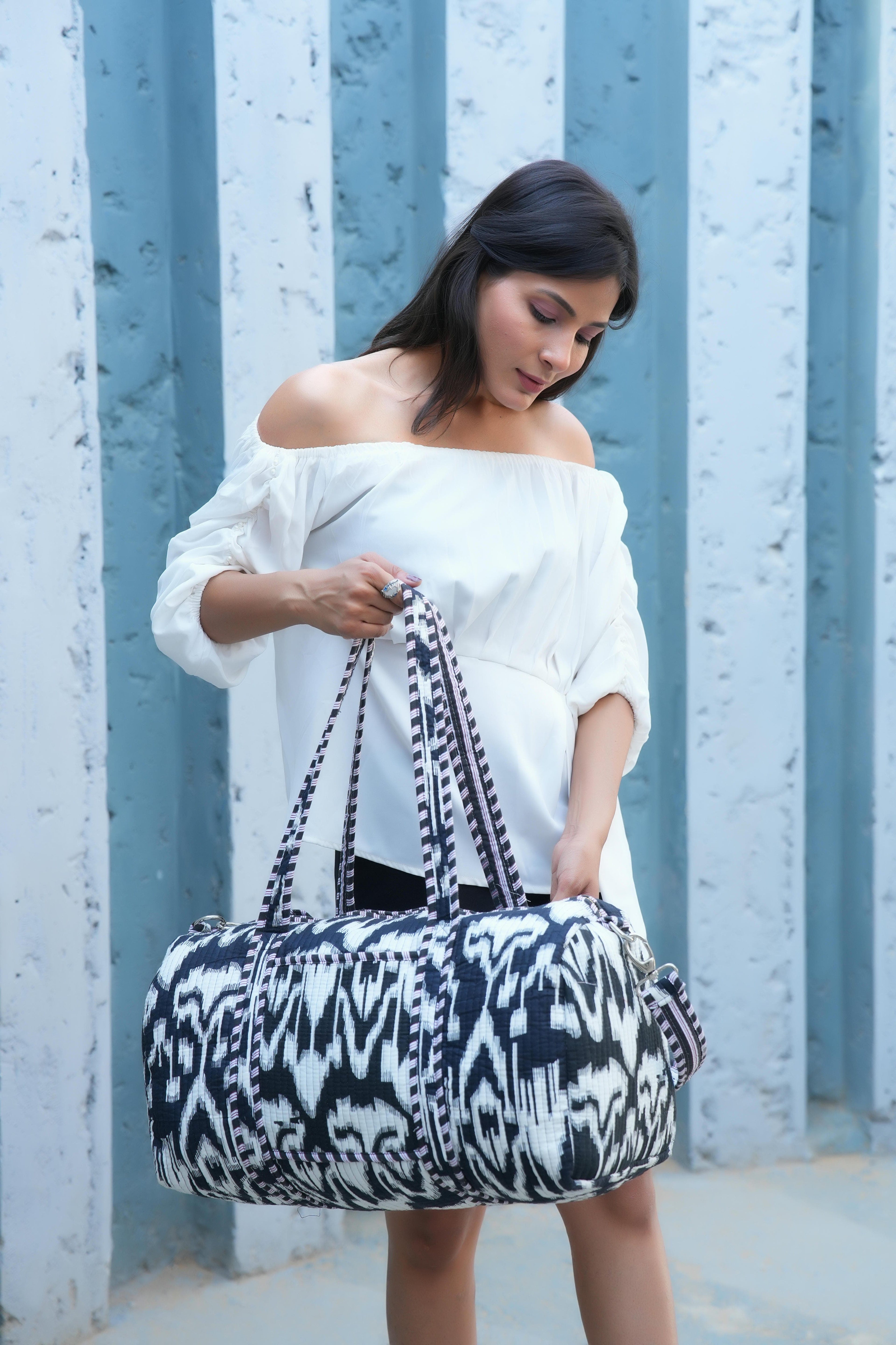 The Ikat Cotton Weekender — handmade hand block printed cotton weekender bag, ethically made in Rajasthan, India