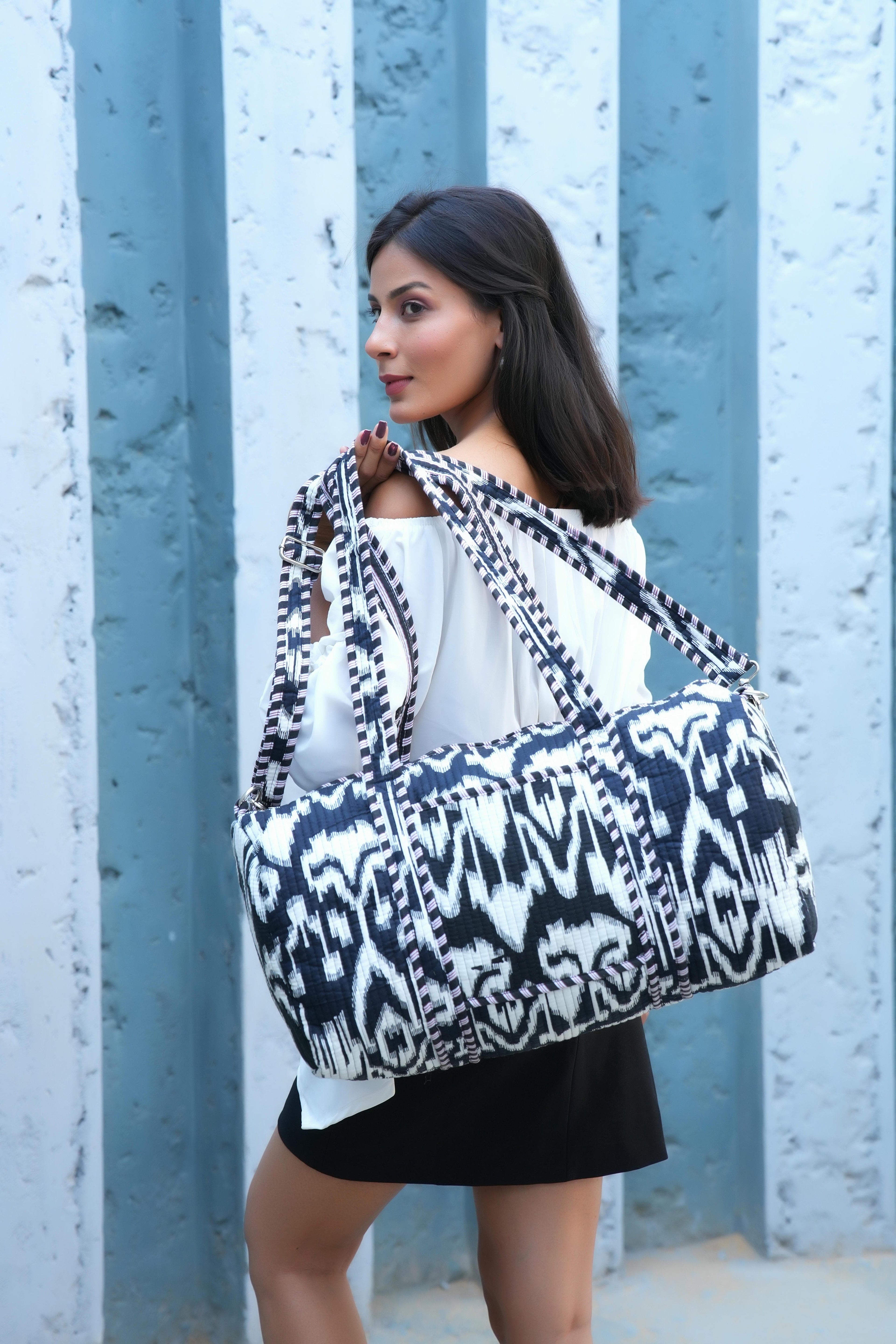 The Ikat Cotton Weekender — handmade hand block printed cotton weekender bag, ethically made in Rajasthan, India