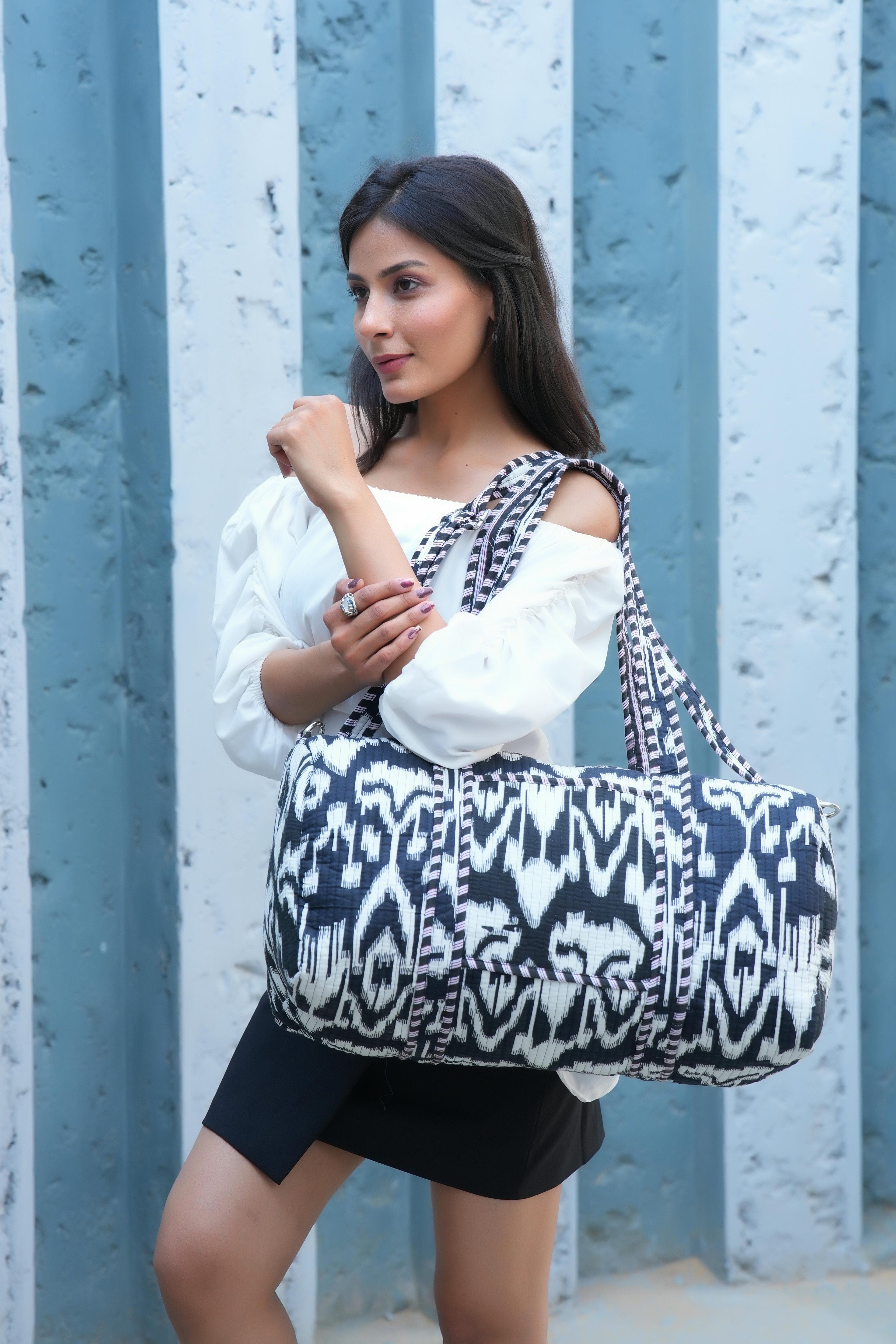 The Ikat Cotton Weekender — handmade hand block printed cotton weekender bag, ethically made in Rajasthan, India