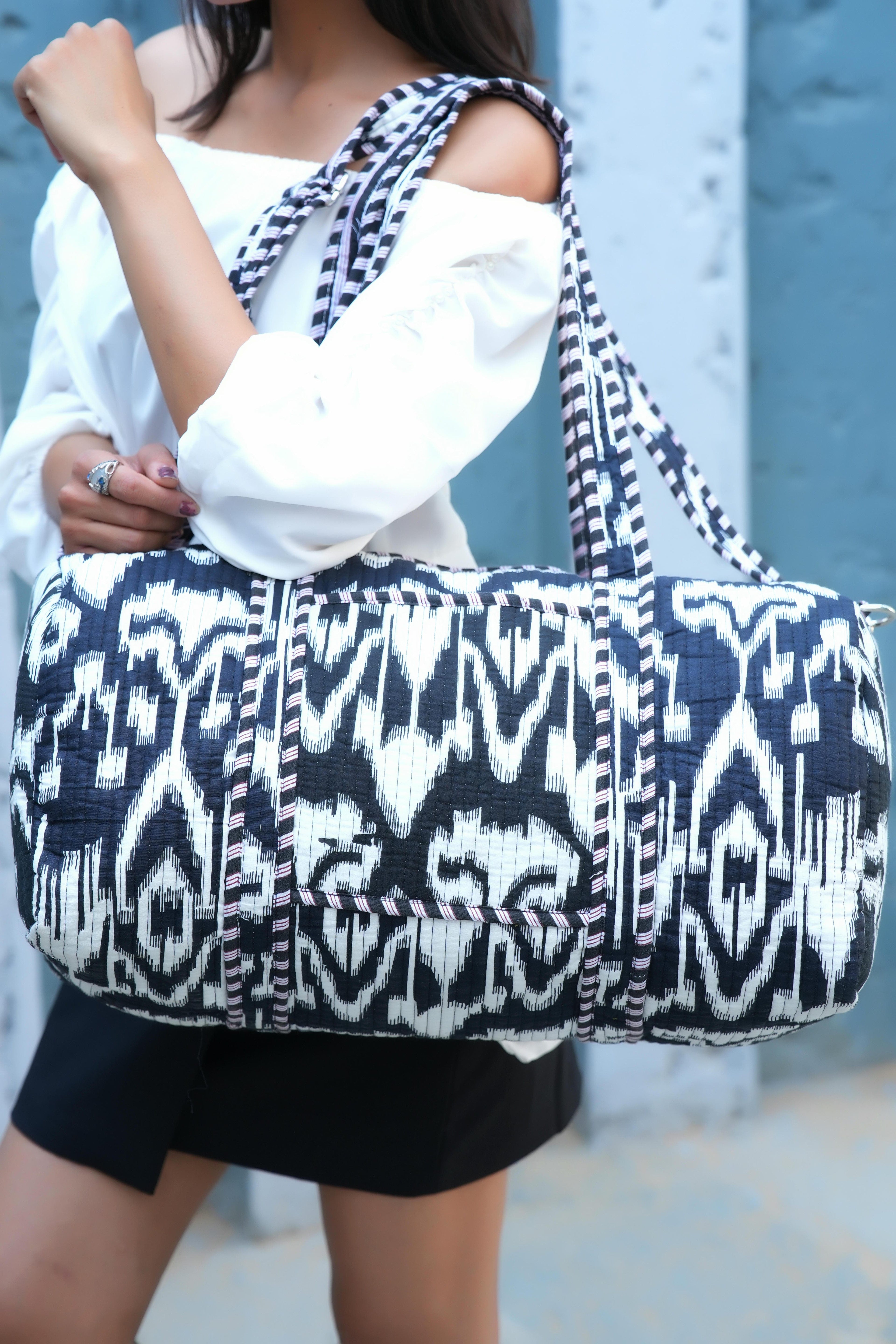 The Ikat Cotton Weekender — handmade hand block printed cotton weekender bag, ethically made in Rajasthan, India