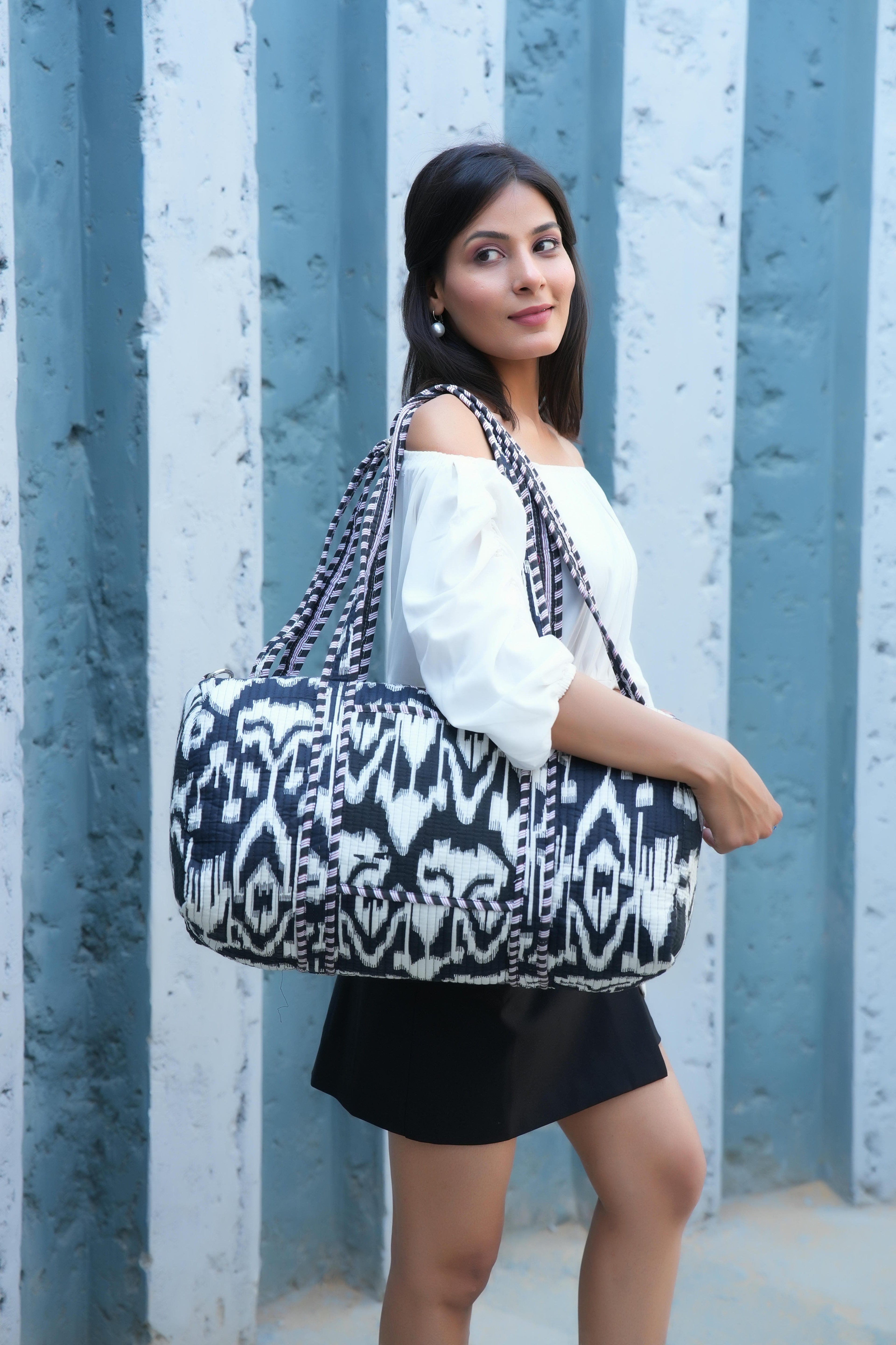 The Ikat Cotton Weekender — handmade hand block printed cotton weekender bag, ethically made in Rajasthan, India