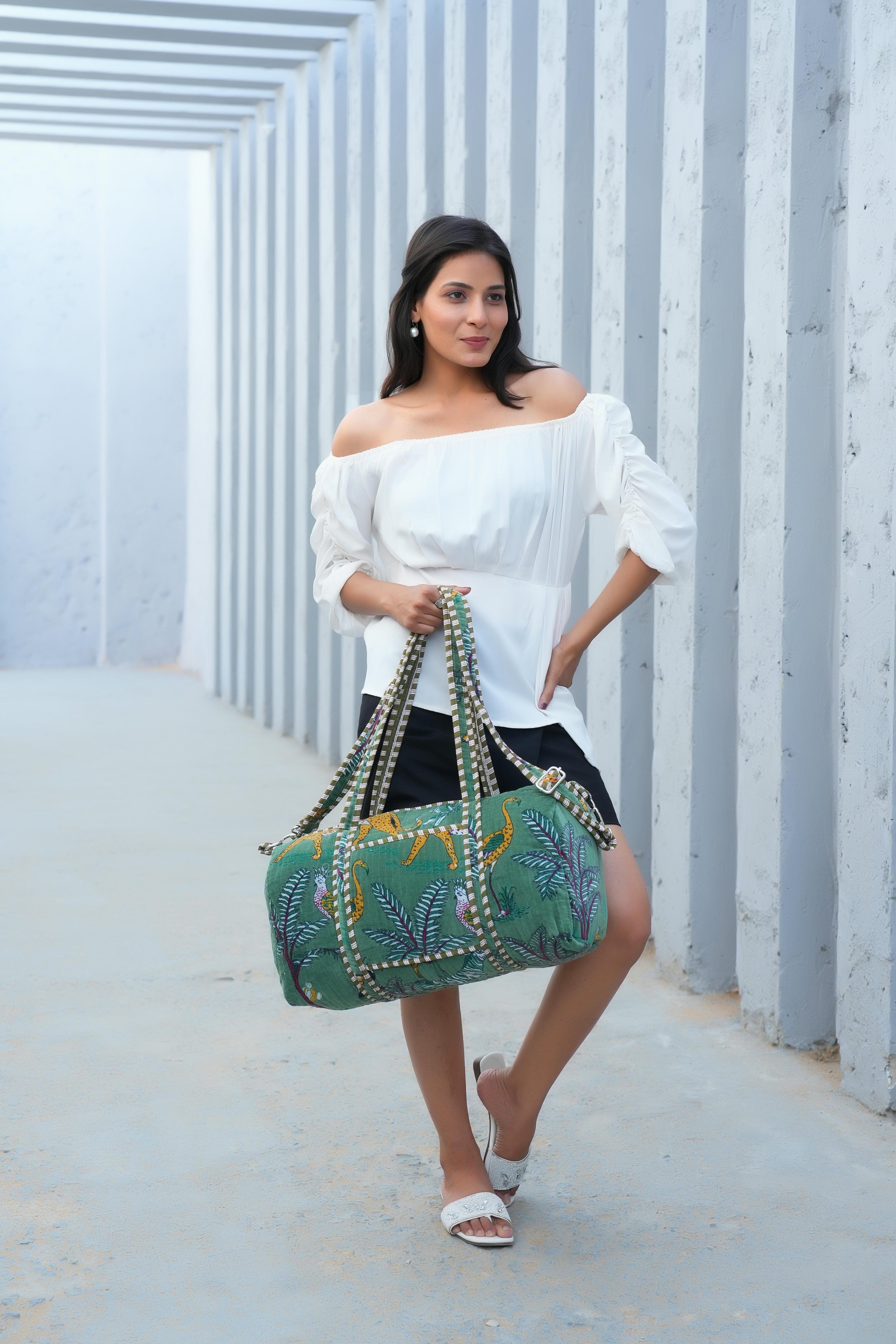 The Jungle Velvet Weekender — handmade quilted velvet weekender bag, ethically made in Rajasthan, India