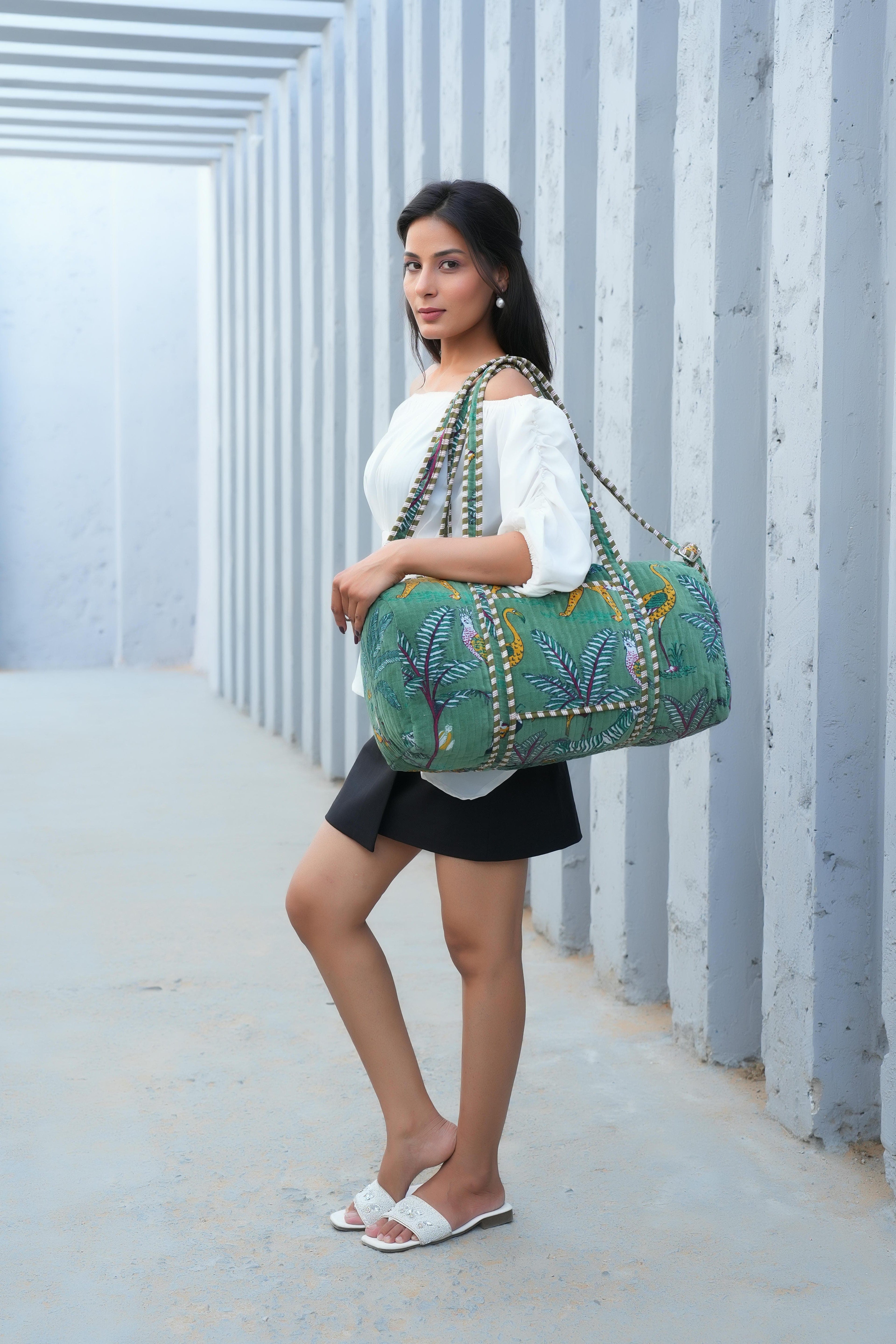 The Jungle Velvet Weekender — handmade quilted velvet weekender bag, ethically made in Rajasthan, India