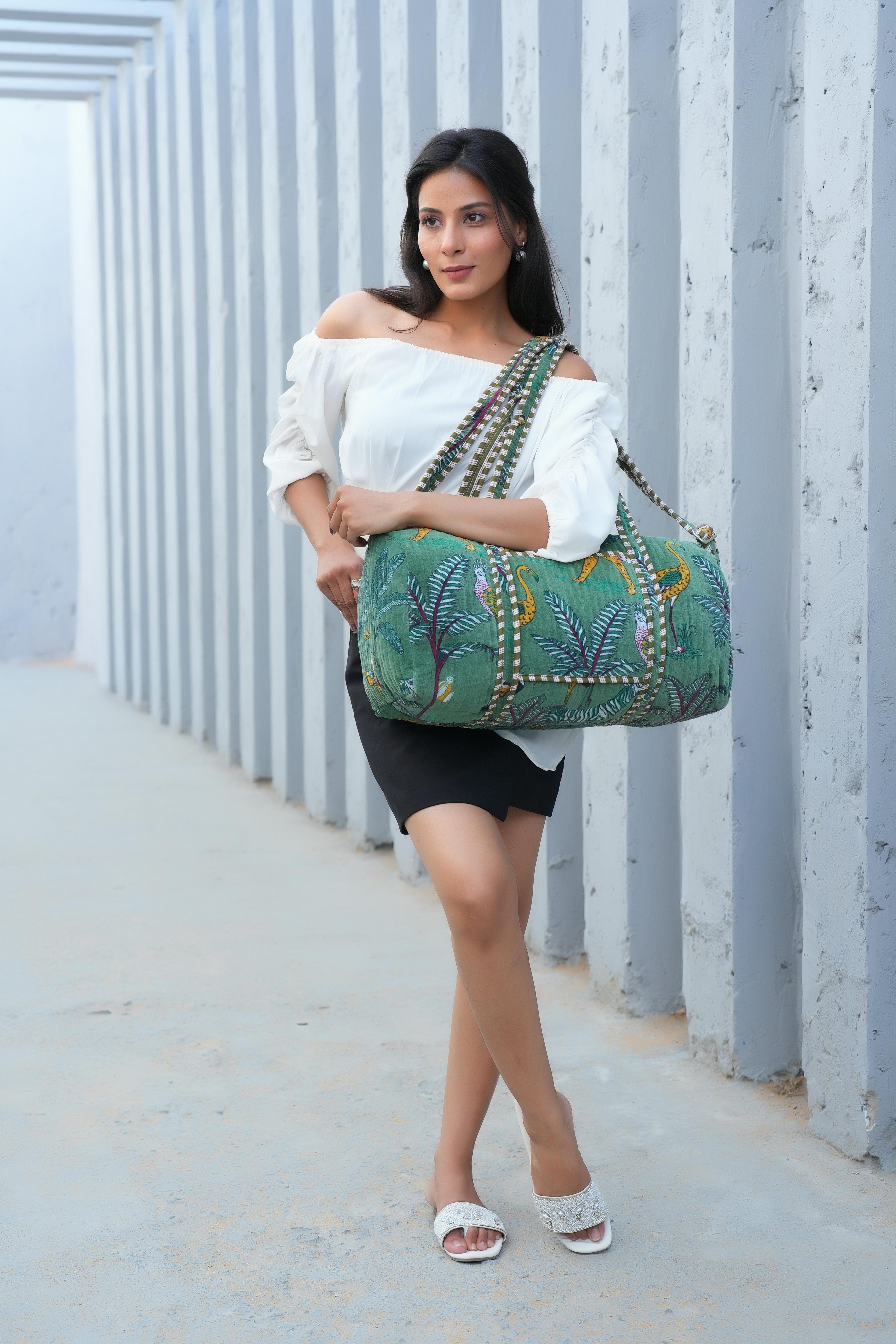 The Jungle Velvet Weekender — handmade quilted velvet weekender bag, ethically made in Rajasthan, India