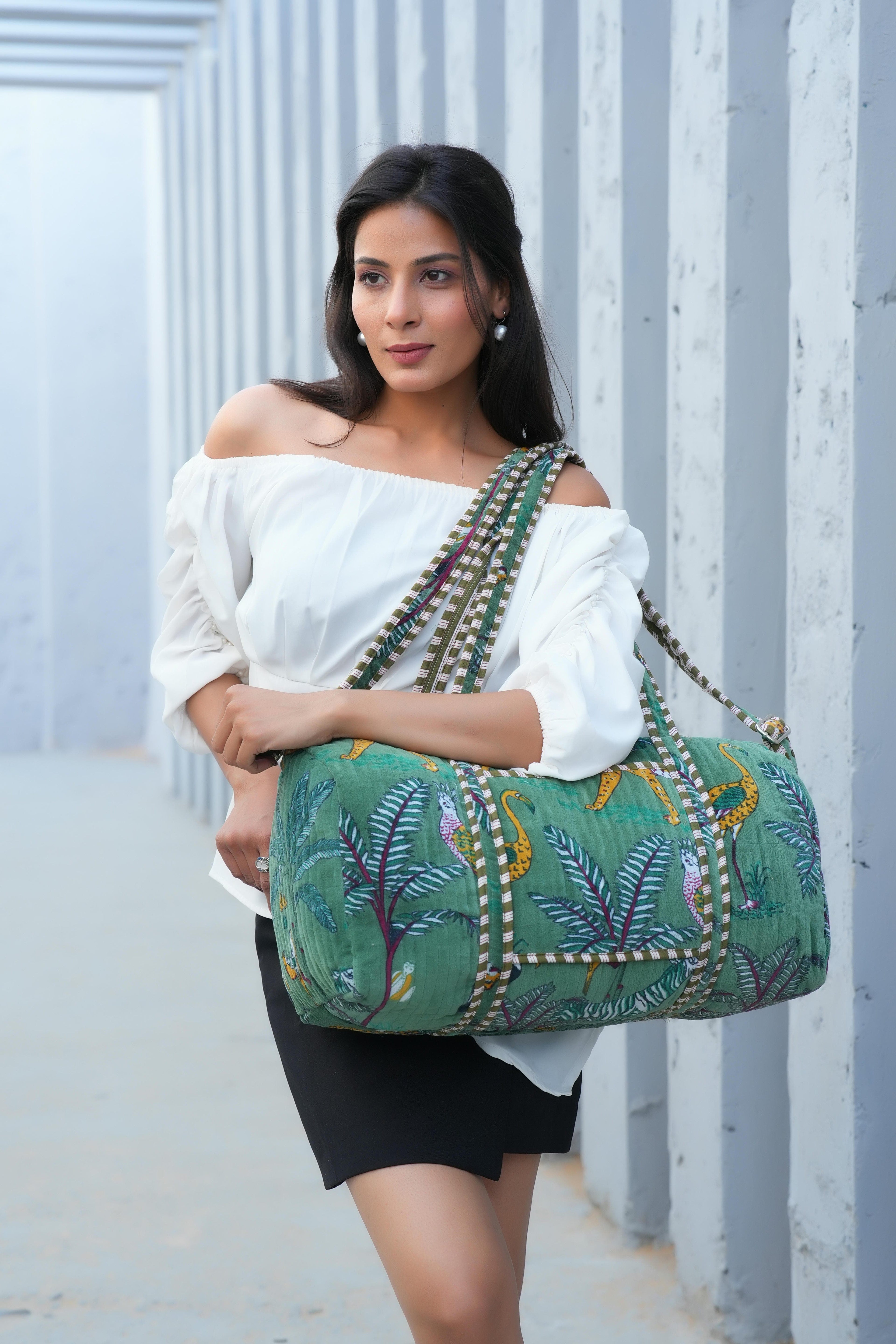 The Jungle Velvet Weekender — handmade quilted velvet weekender bag, ethically made in Rajasthan, India