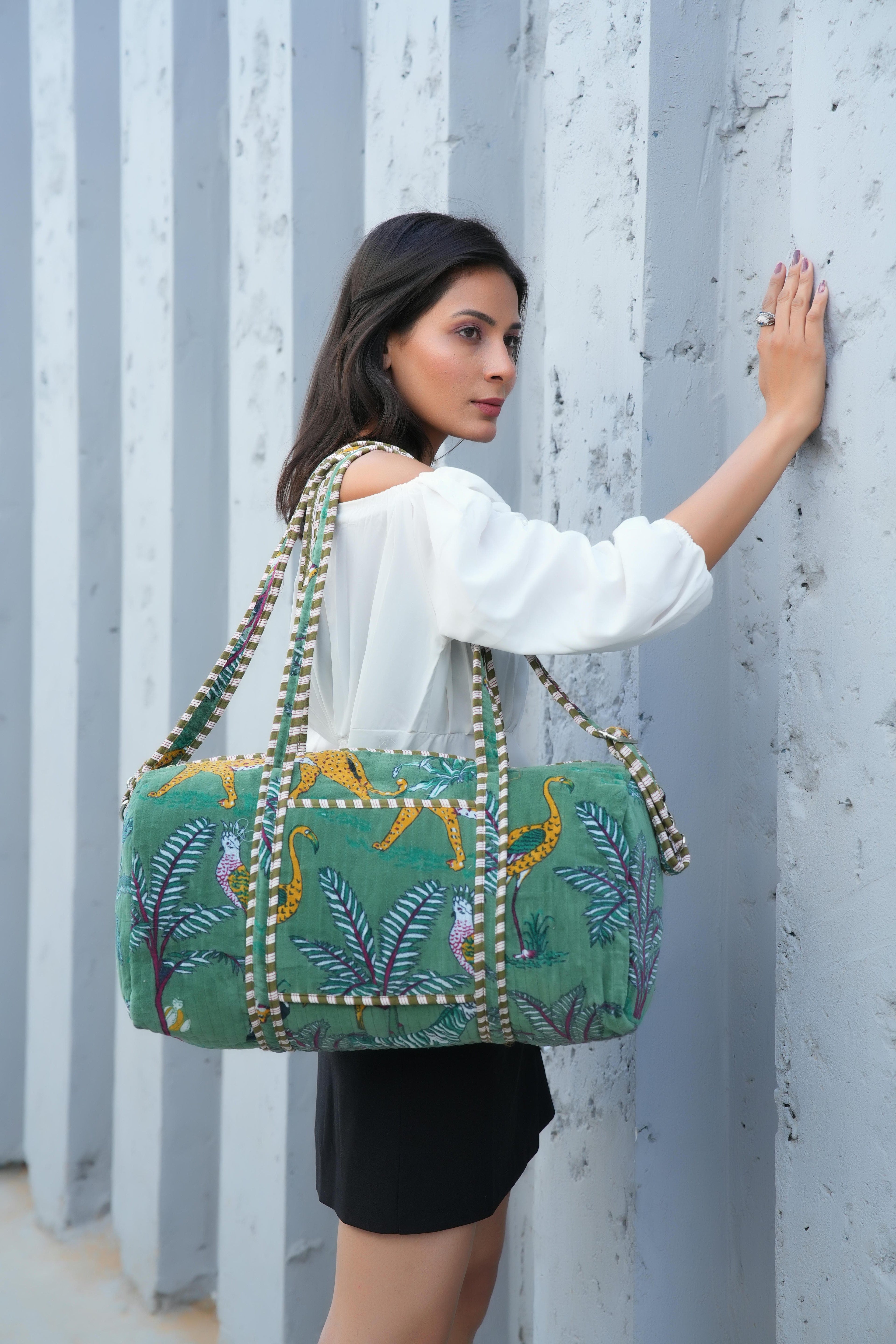 The Jungle Velvet Weekender — handmade quilted velvet weekender bag, ethically made in Rajasthan, India
