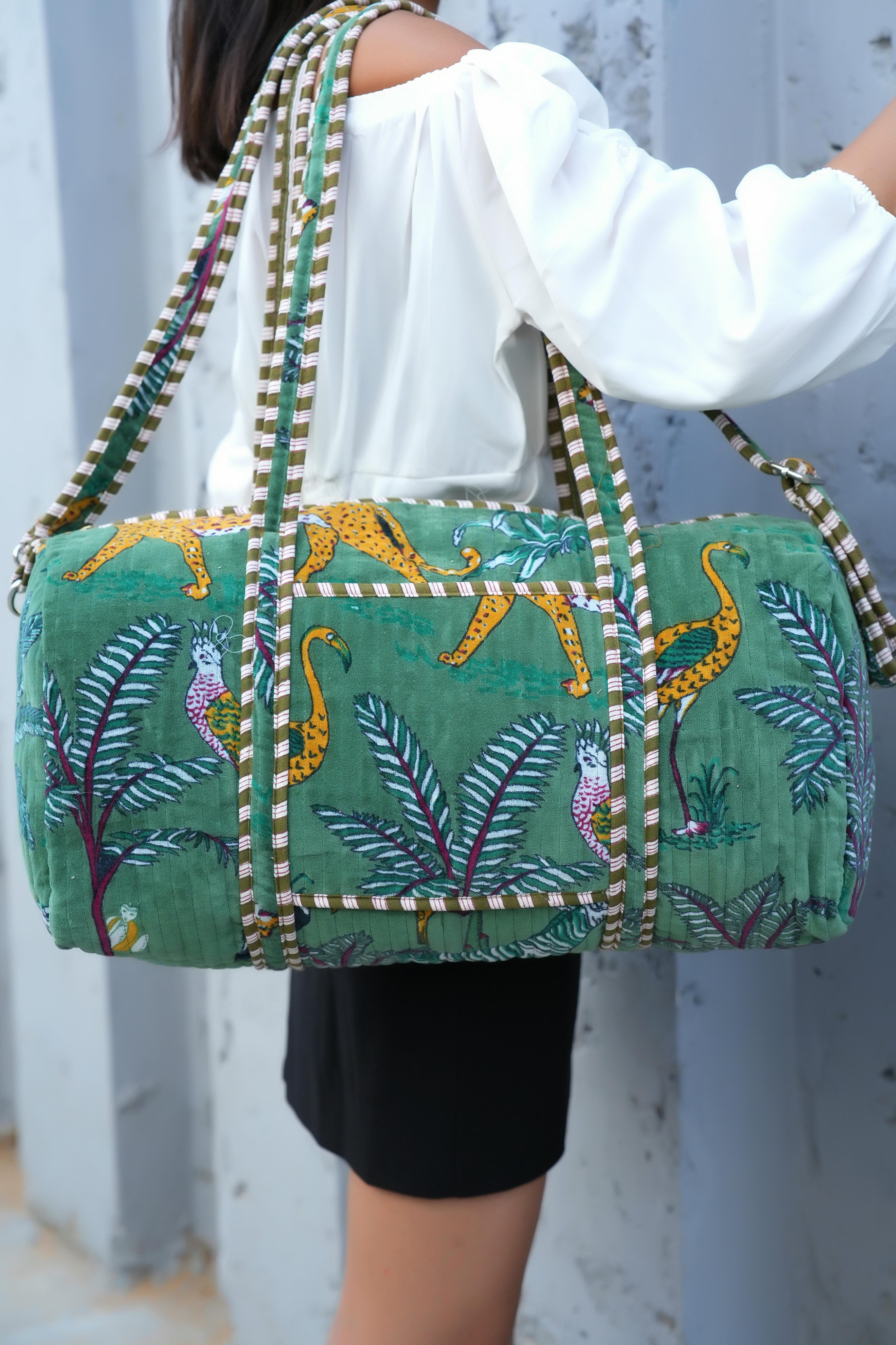 The Jungle Velvet Weekender — handmade quilted velvet weekender bag, ethically made in Rajasthan, India