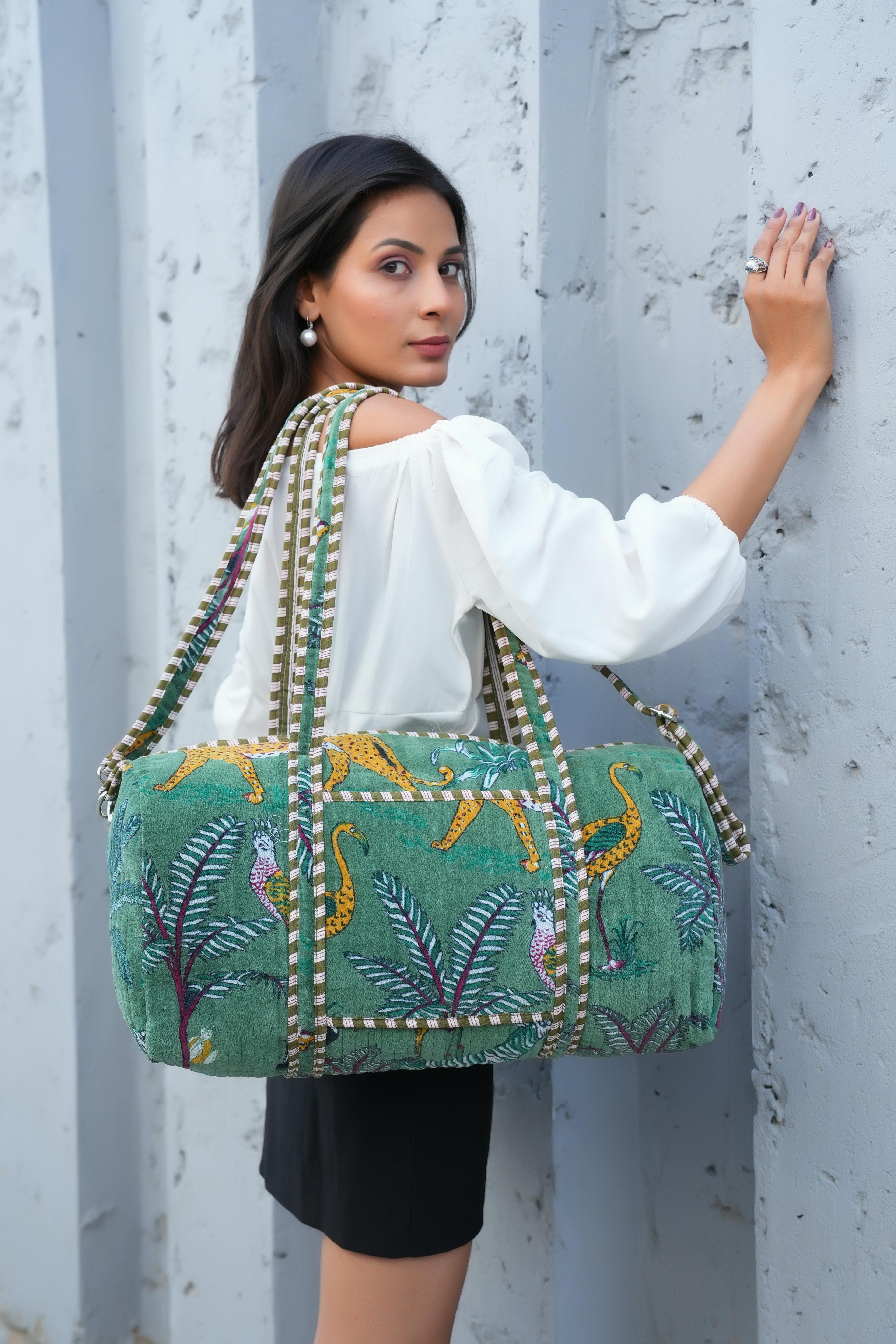 The Jungle Velvet Weekender — handmade quilted velvet weekender bag, ethically made in Rajasthan, India