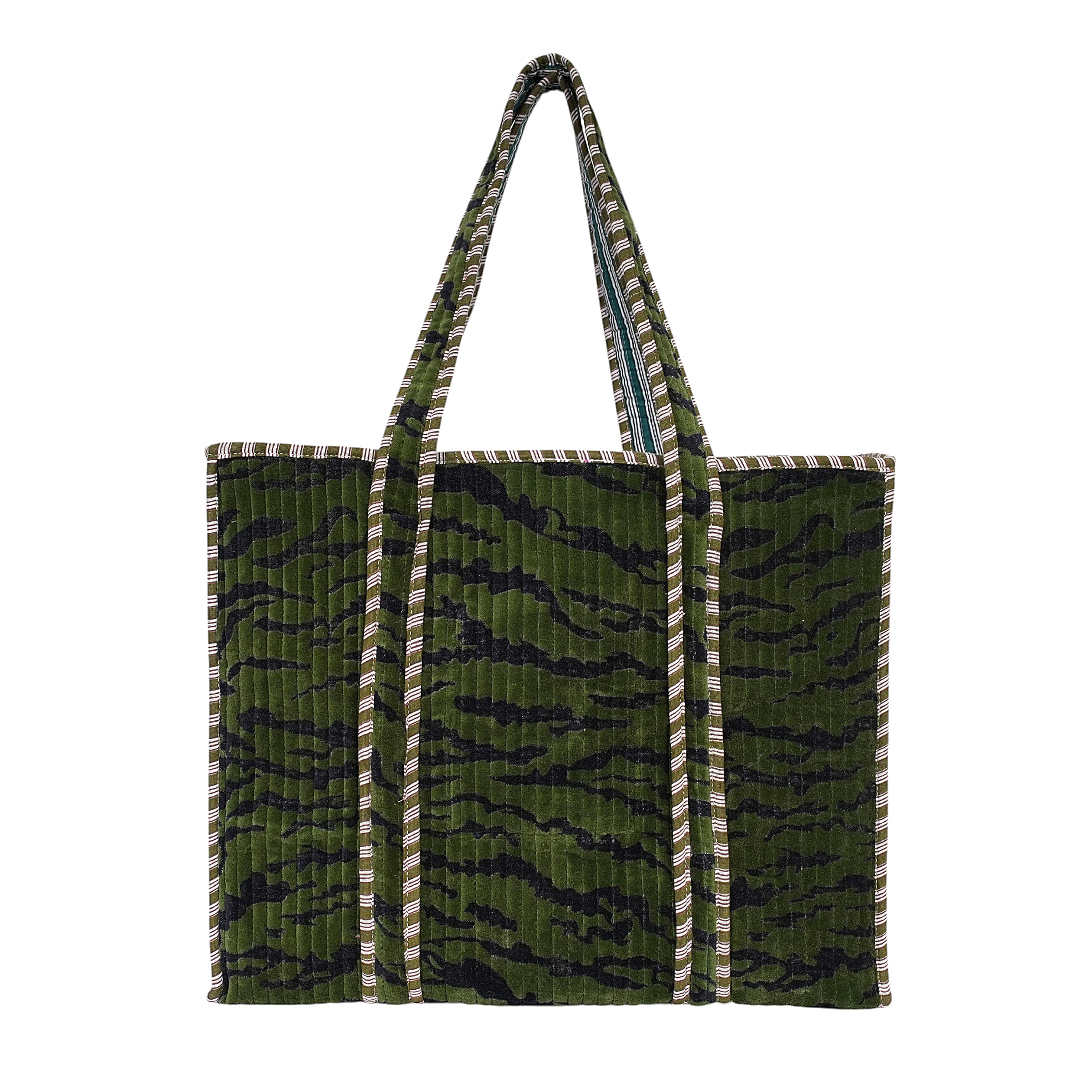 The Velvet Tiger Tote — handmade quilted velvet tote bag, ethically made in Rajasthan, India