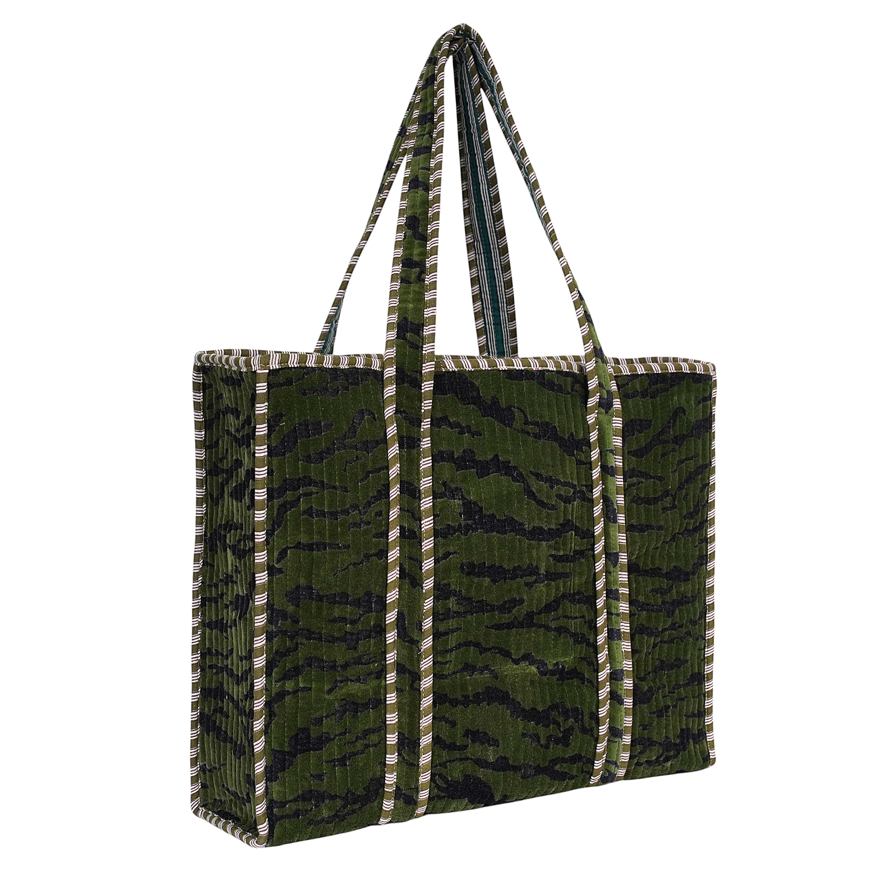 The Velvet Tiger Tote — handmade quilted velvet tote bag, ethically made in Rajasthan, India