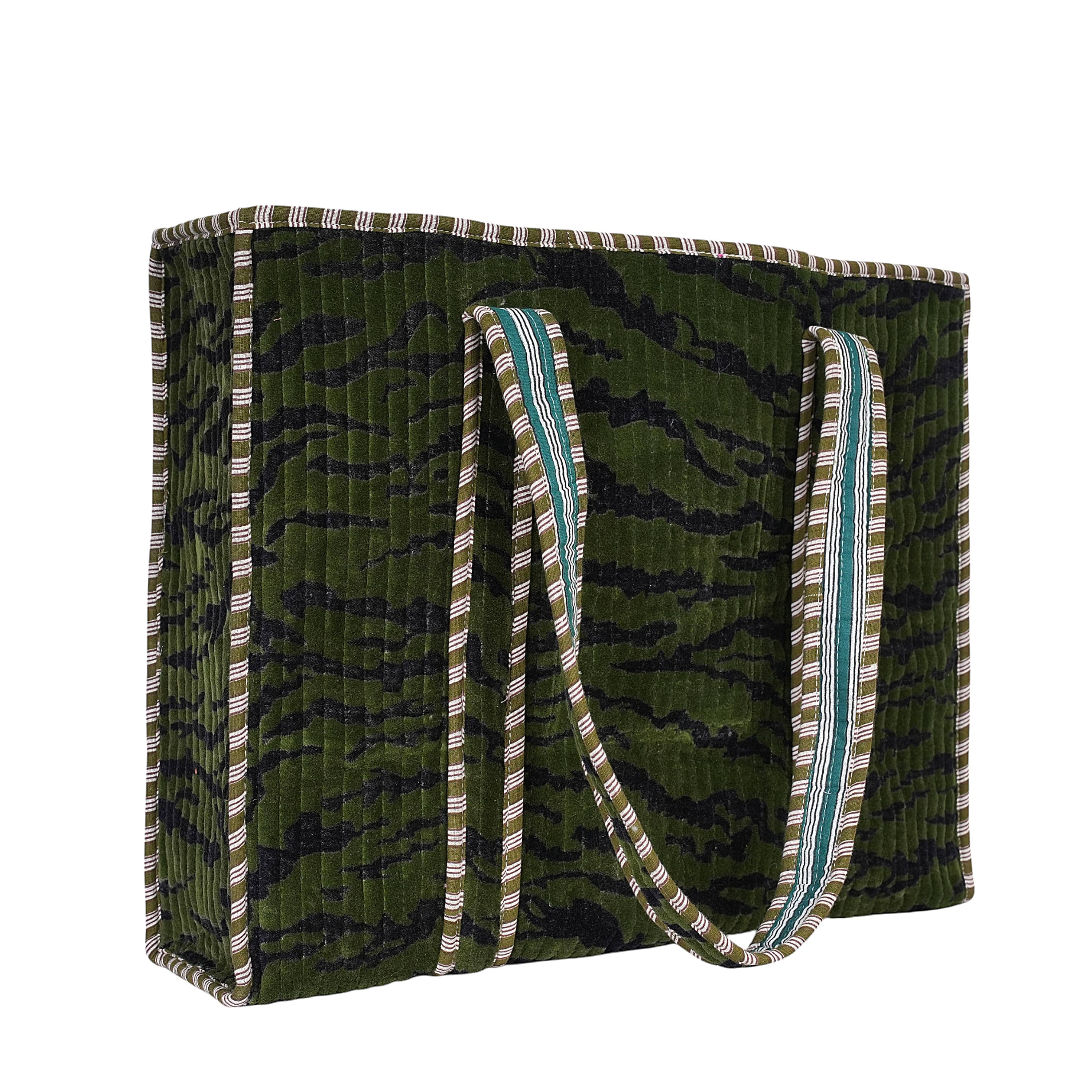 The Velvet Tiger Tote — handmade quilted velvet tote bag, ethically made in Rajasthan, India