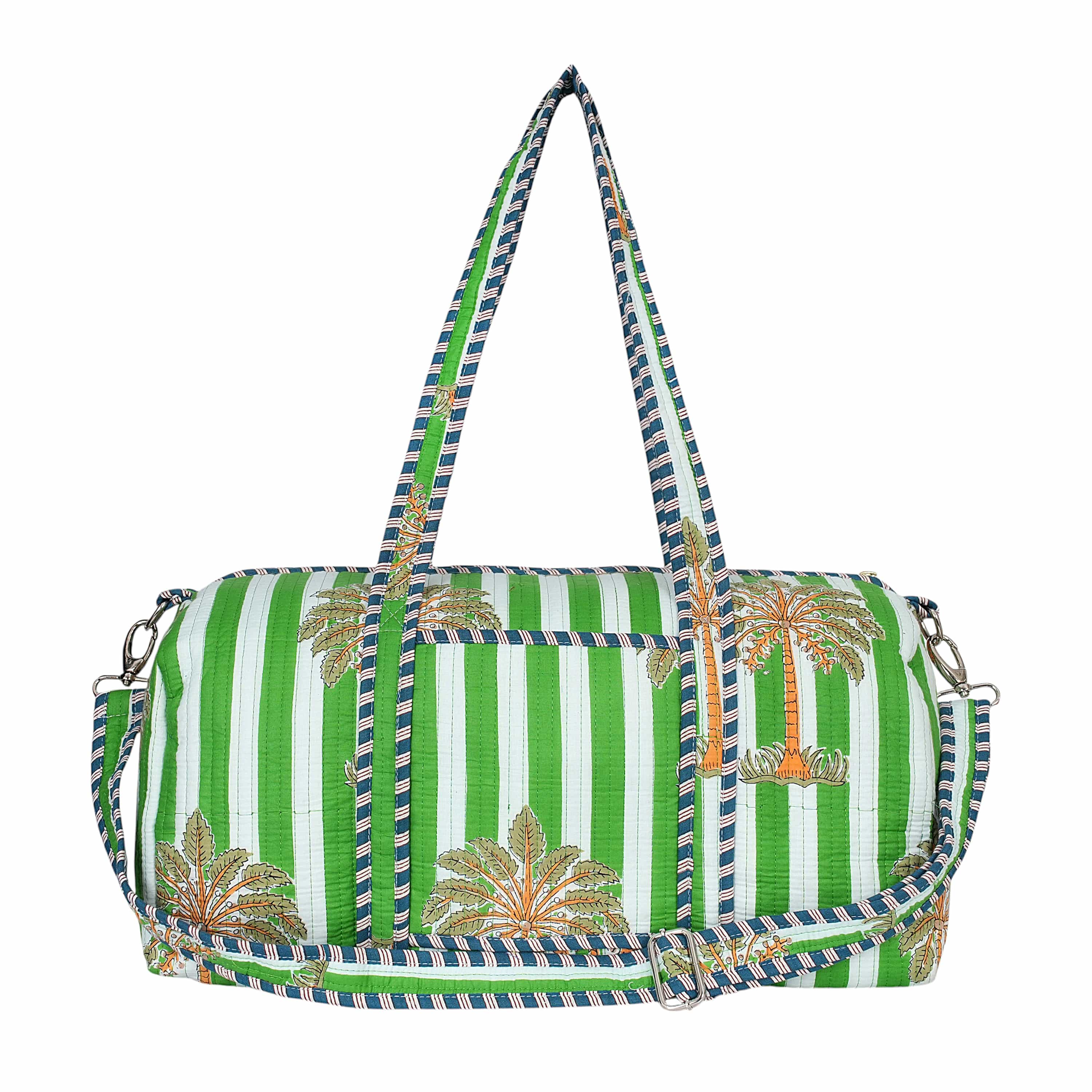 Front view of The Palm Weekender in cream cotton with the hand-block-printed tall palm motif across the body
