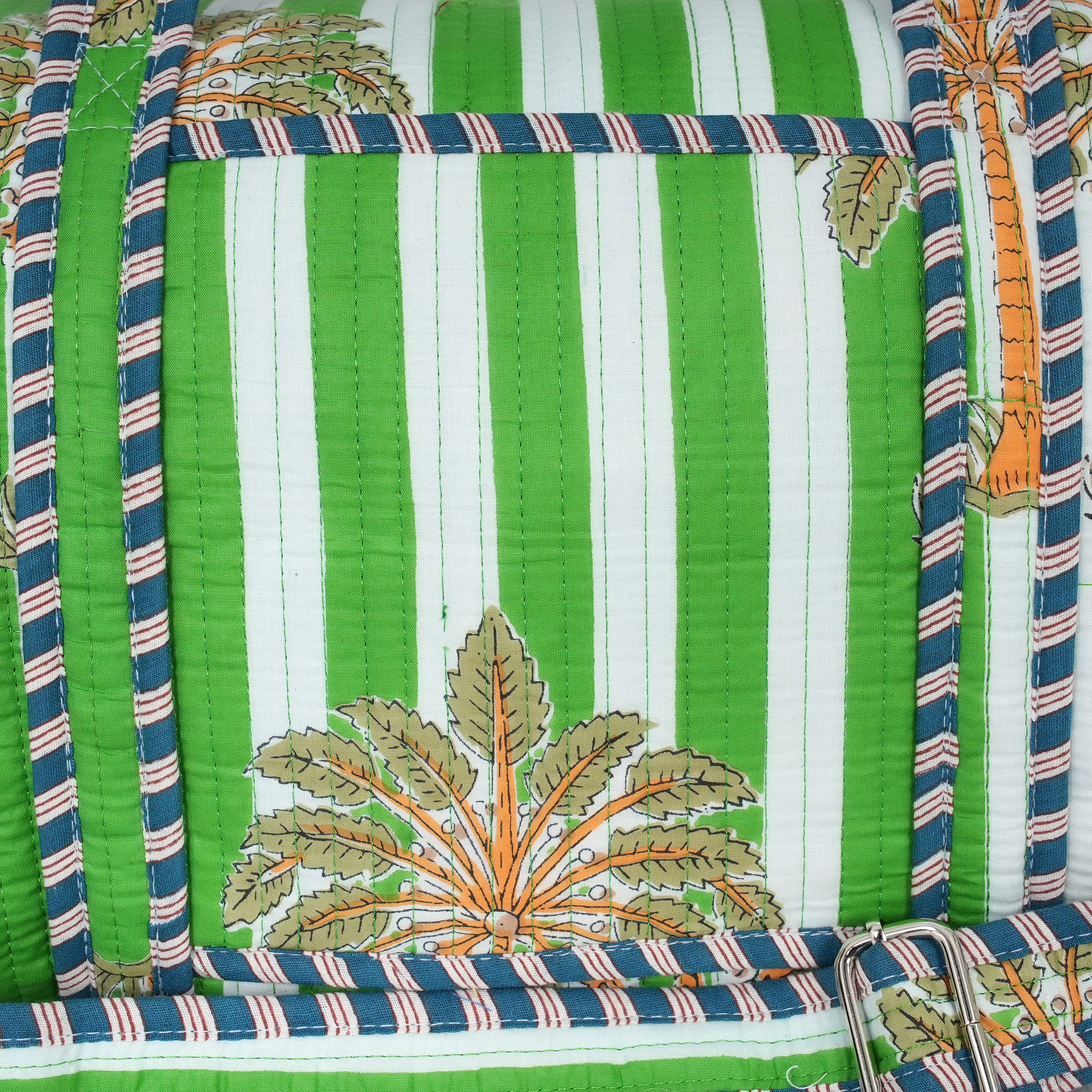 Open view of The Palm Weekender showing the wide top zipper and cotton-lined interior