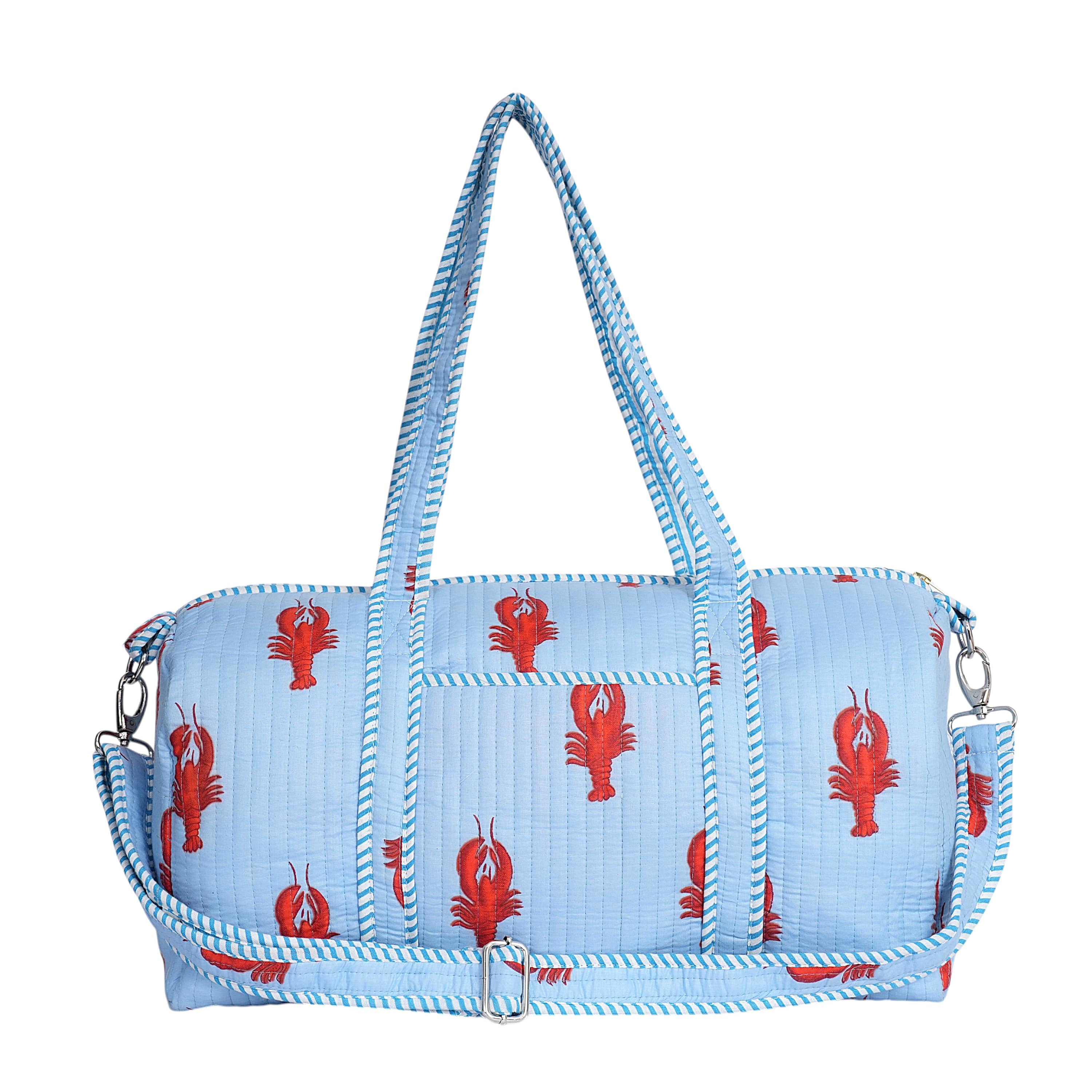 The Lobster Weekender — handmade hand block printed cotton weekender bag, ethically made in Rajasthan, India
