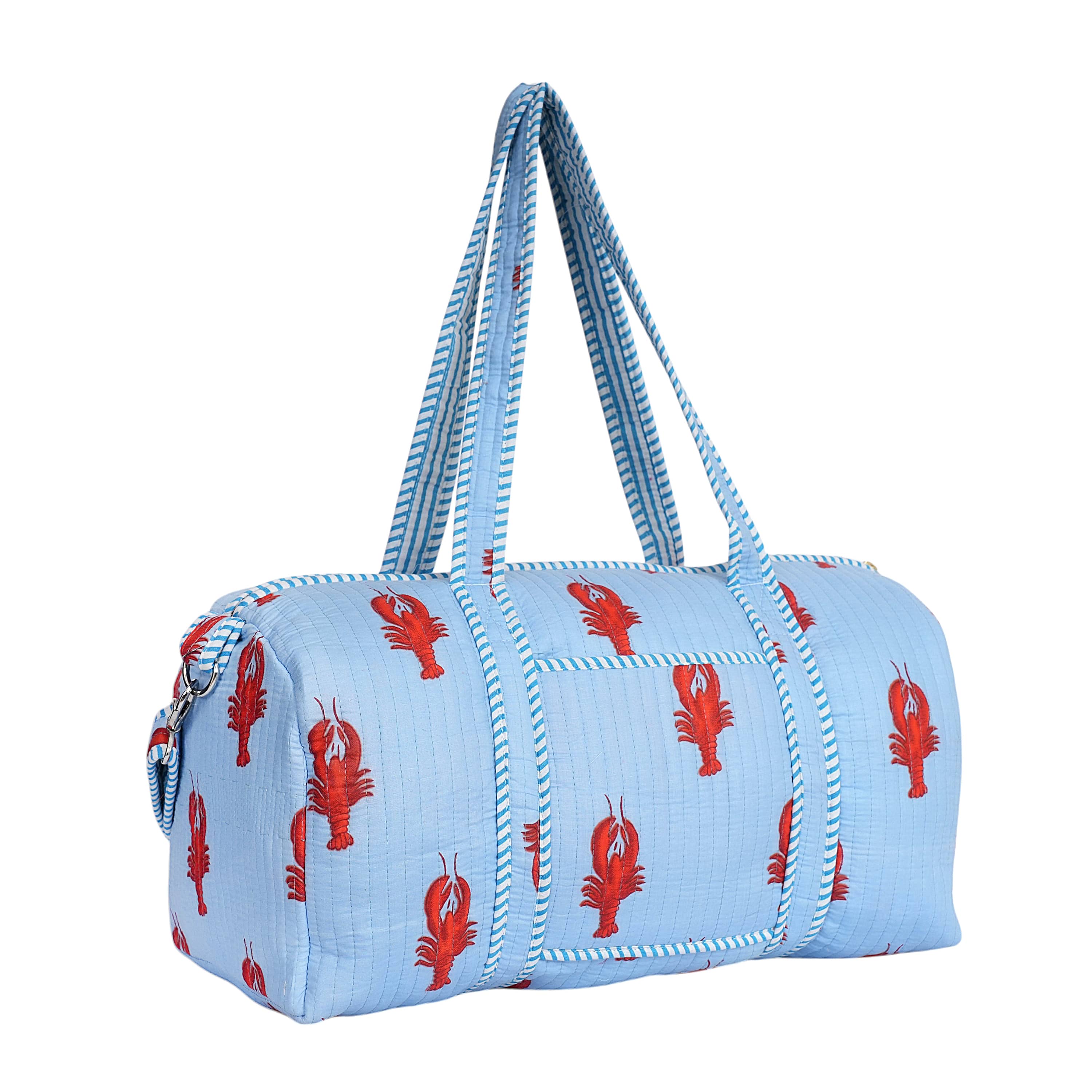 The Lobster Weekender — handmade hand block printed cotton weekender bag, ethically made in Rajasthan, India