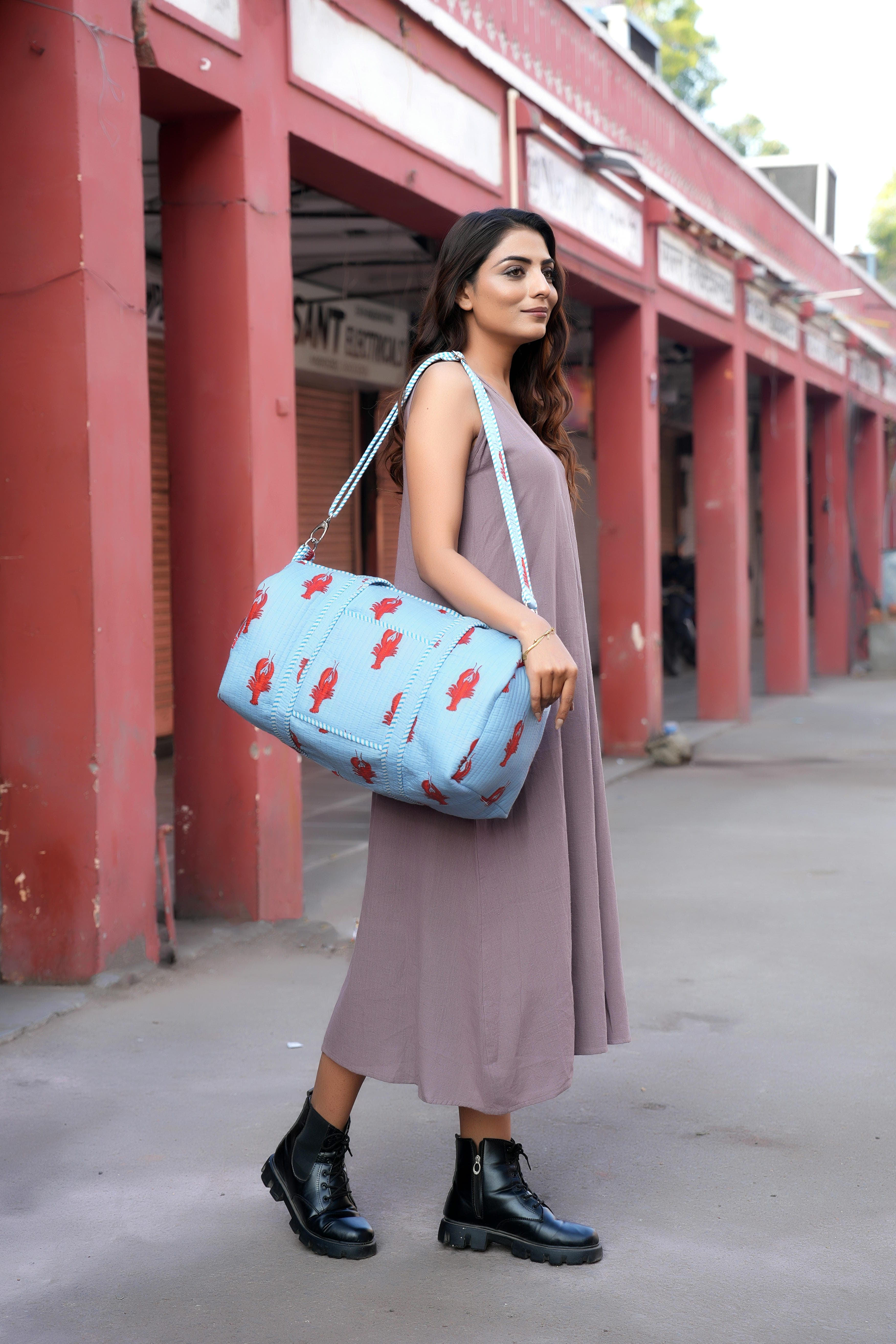The Lobster Weekender — handmade hand block printed cotton weekender bag, ethically made in Rajasthan, India