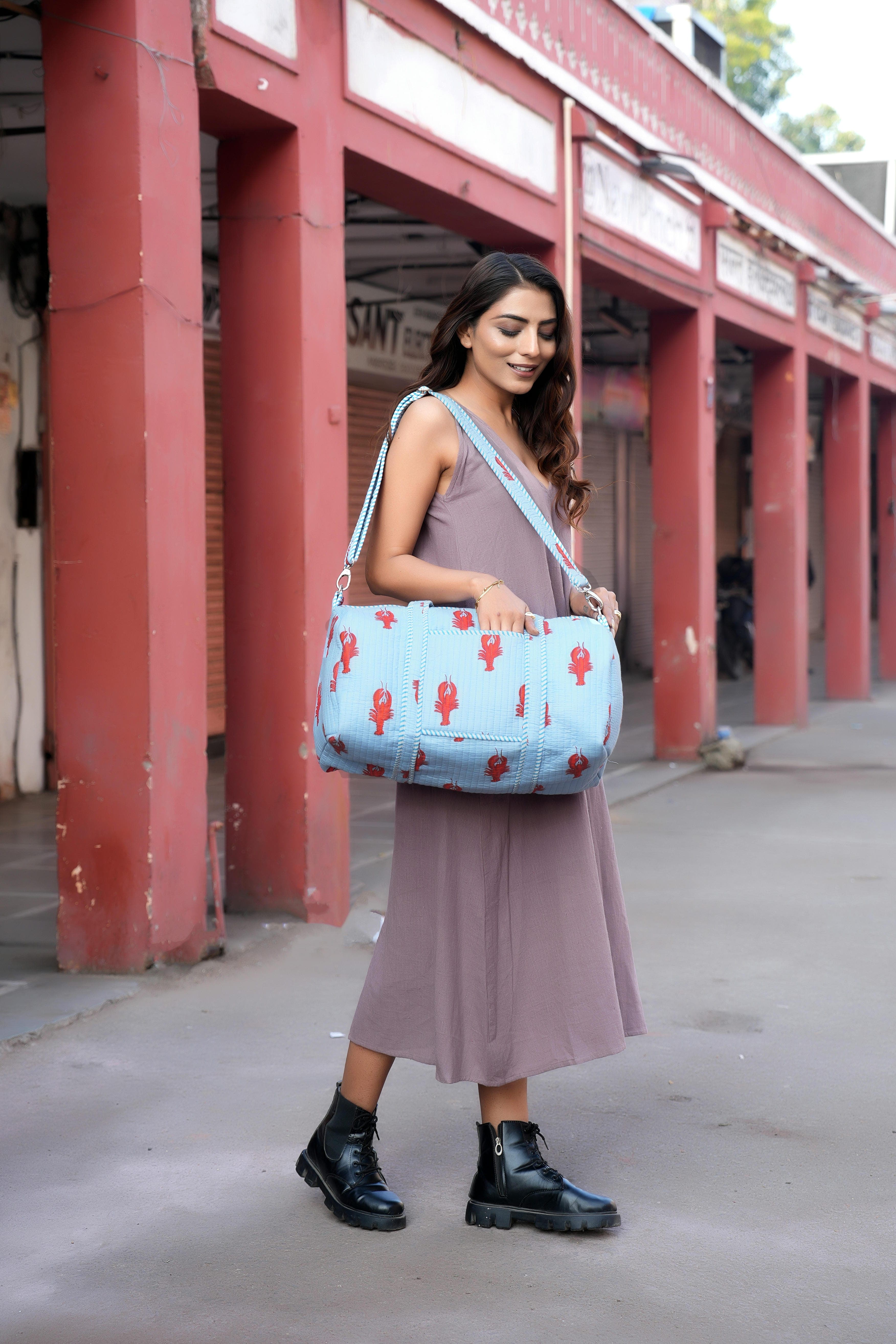 The Lobster Weekender — handmade hand block printed cotton weekender bag, ethically made in Rajasthan, India
