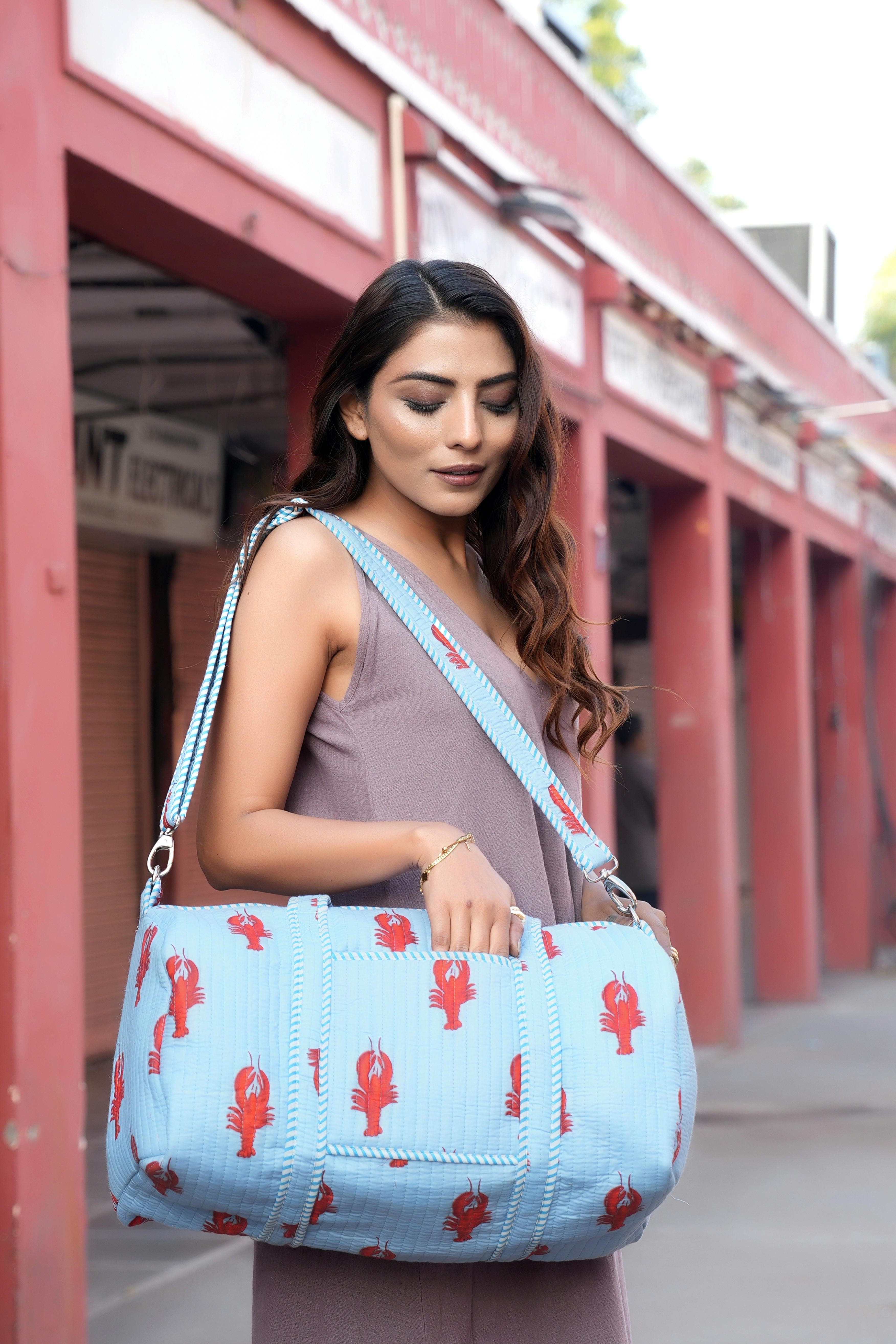 The Lobster Weekender — handmade hand block printed cotton weekender bag, ethically made in Rajasthan, India