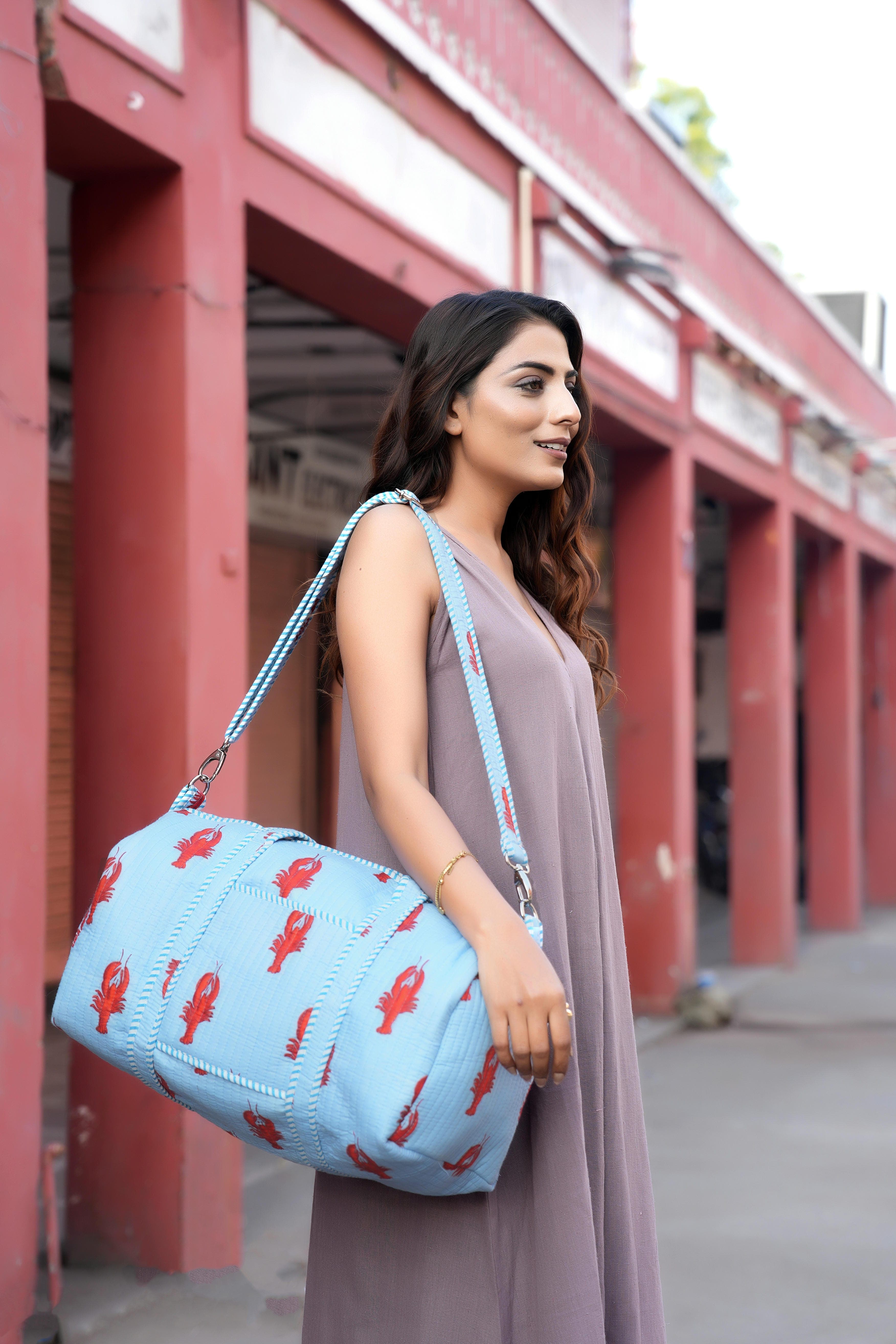 The Lobster Weekender — handmade hand block printed cotton weekender bag, ethically made in Rajasthan, India