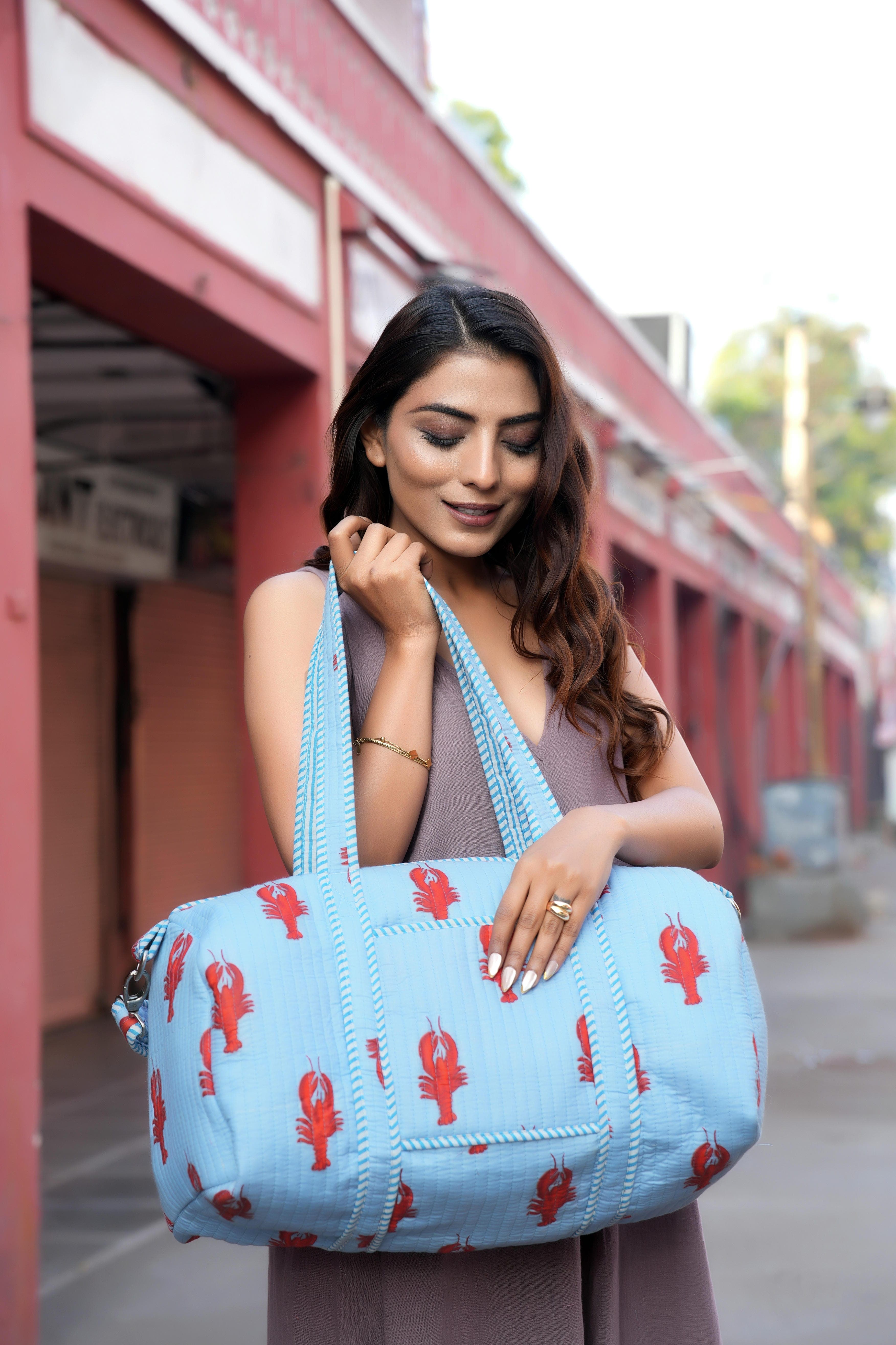 The Lobster Weekender — handmade hand block printed cotton weekender bag, ethically made in Rajasthan, India