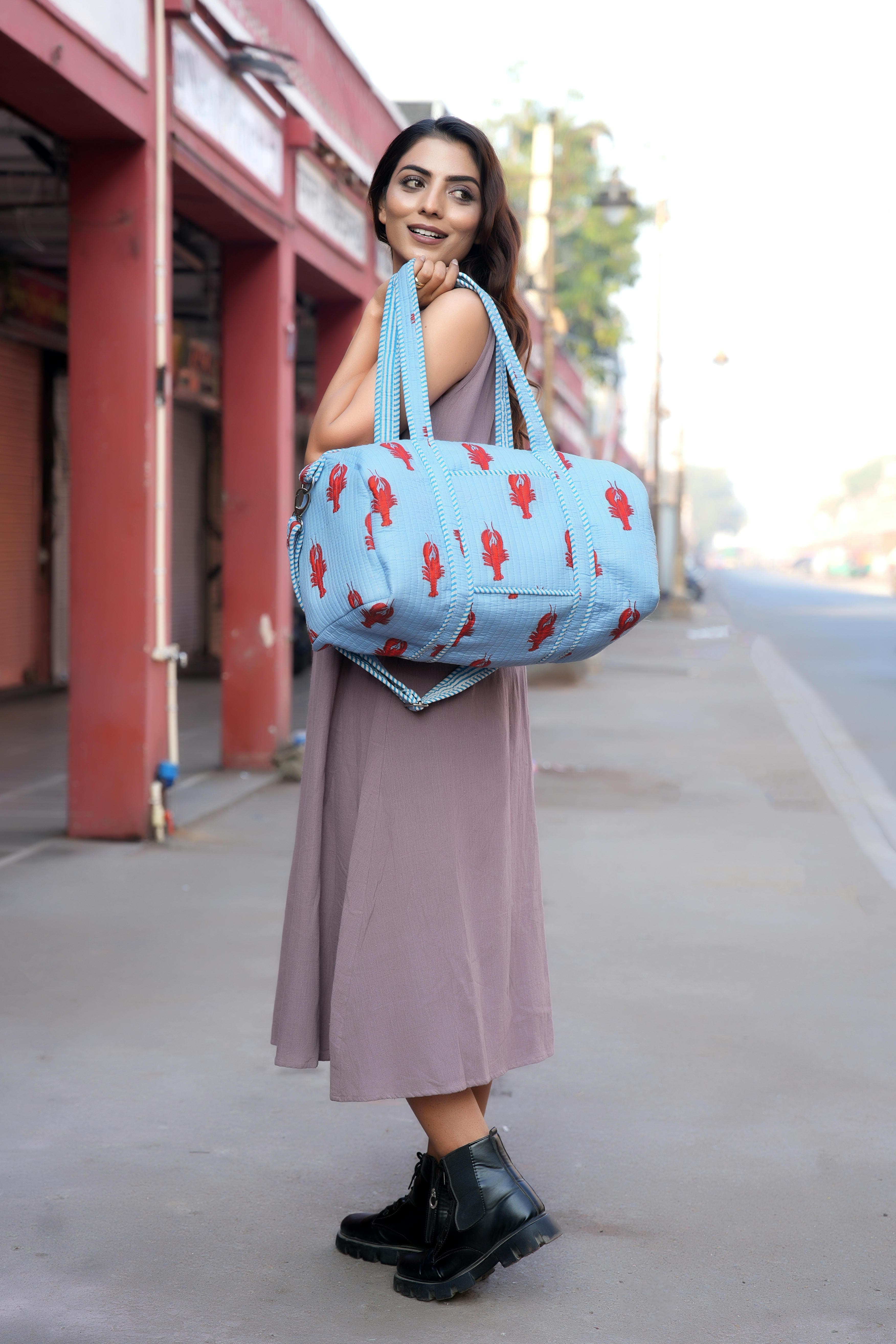 The Lobster Weekender — handmade hand block printed cotton weekender bag, ethically made in Rajasthan, India