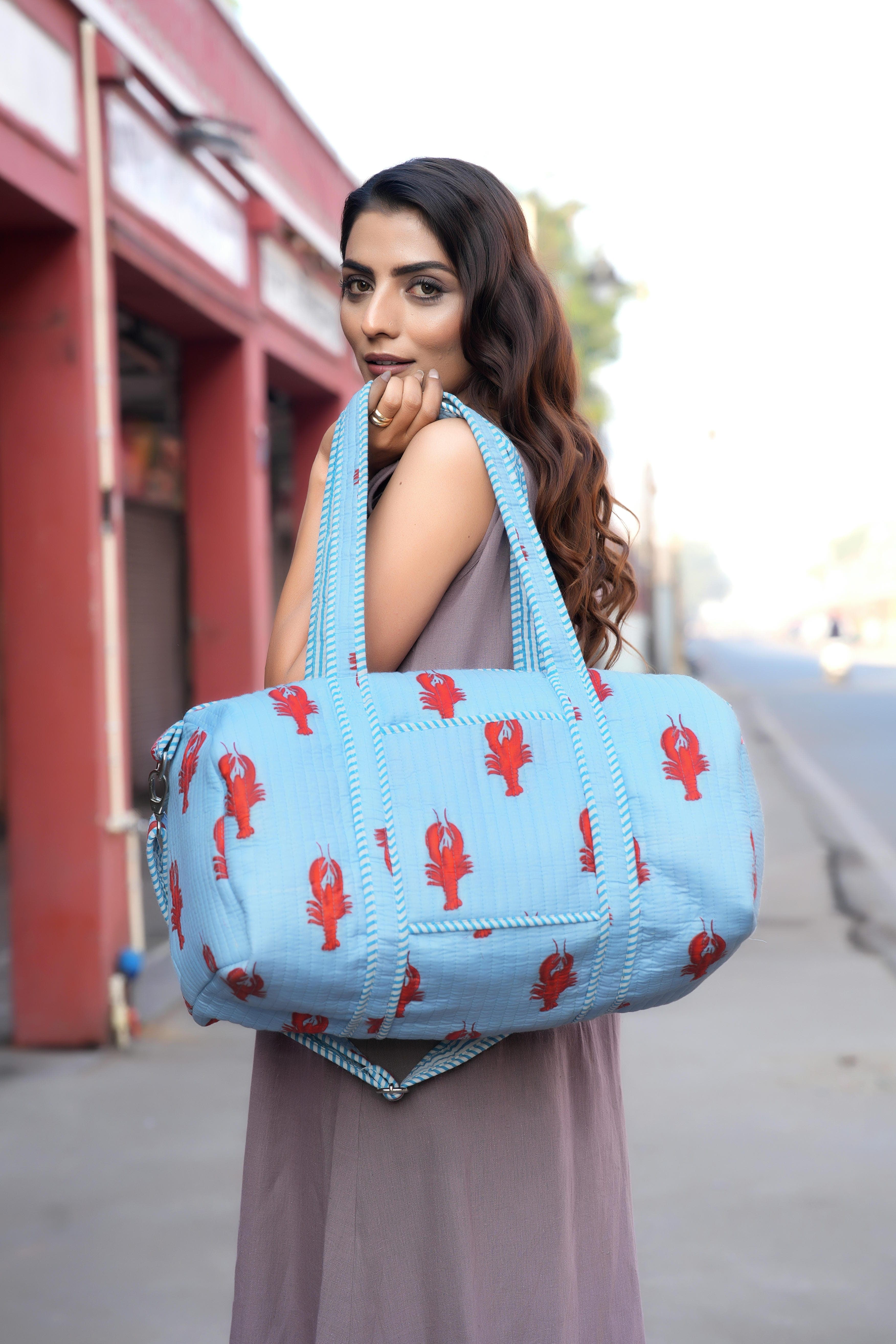 The Lobster Weekender — handmade hand block printed cotton weekender bag, ethically made in Rajasthan, India