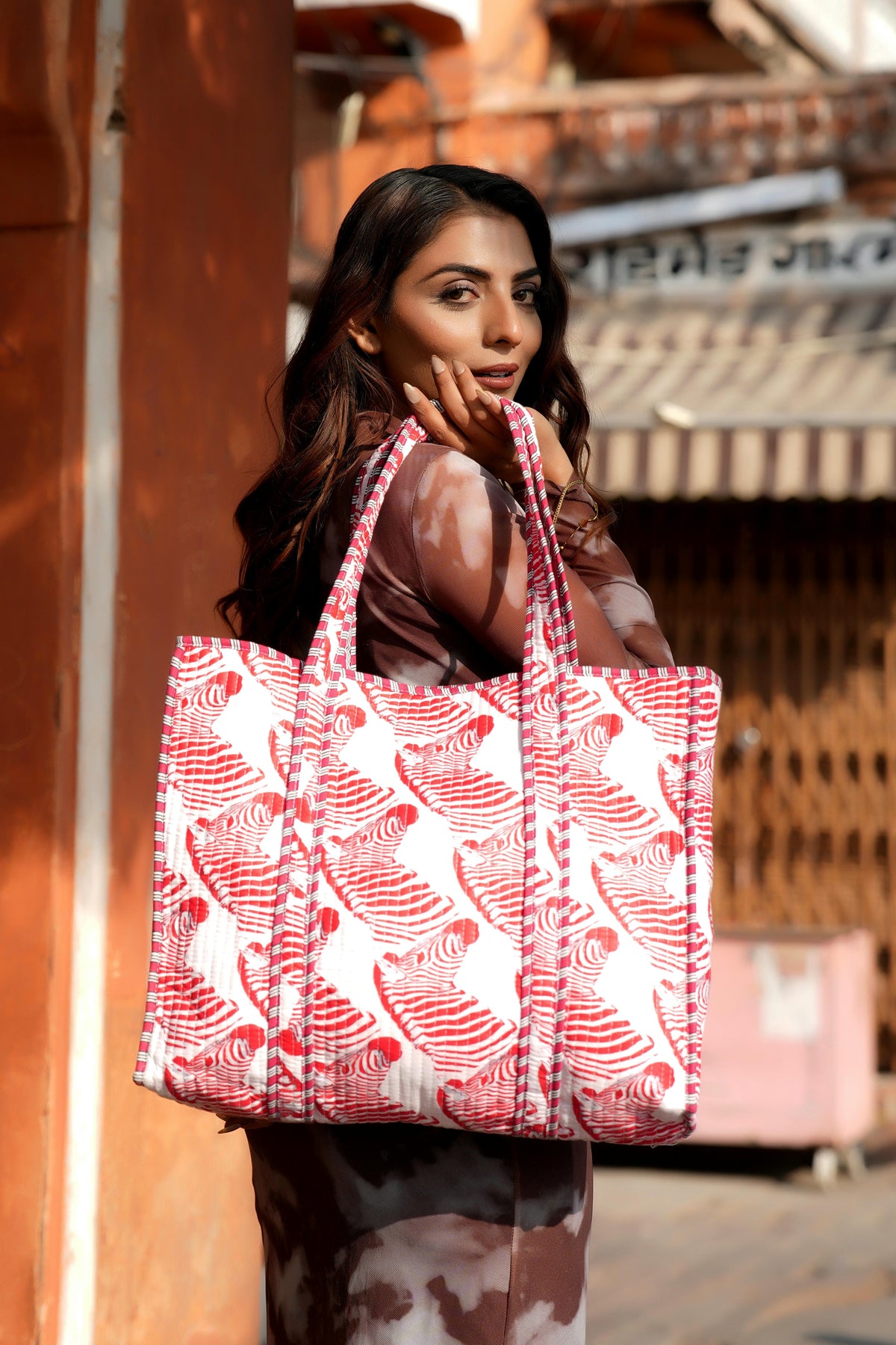 The Zebra Tote — handmade cotton zebra print tote bag, hand-block-printed in Rajasthan, Conscious Yoga Collective