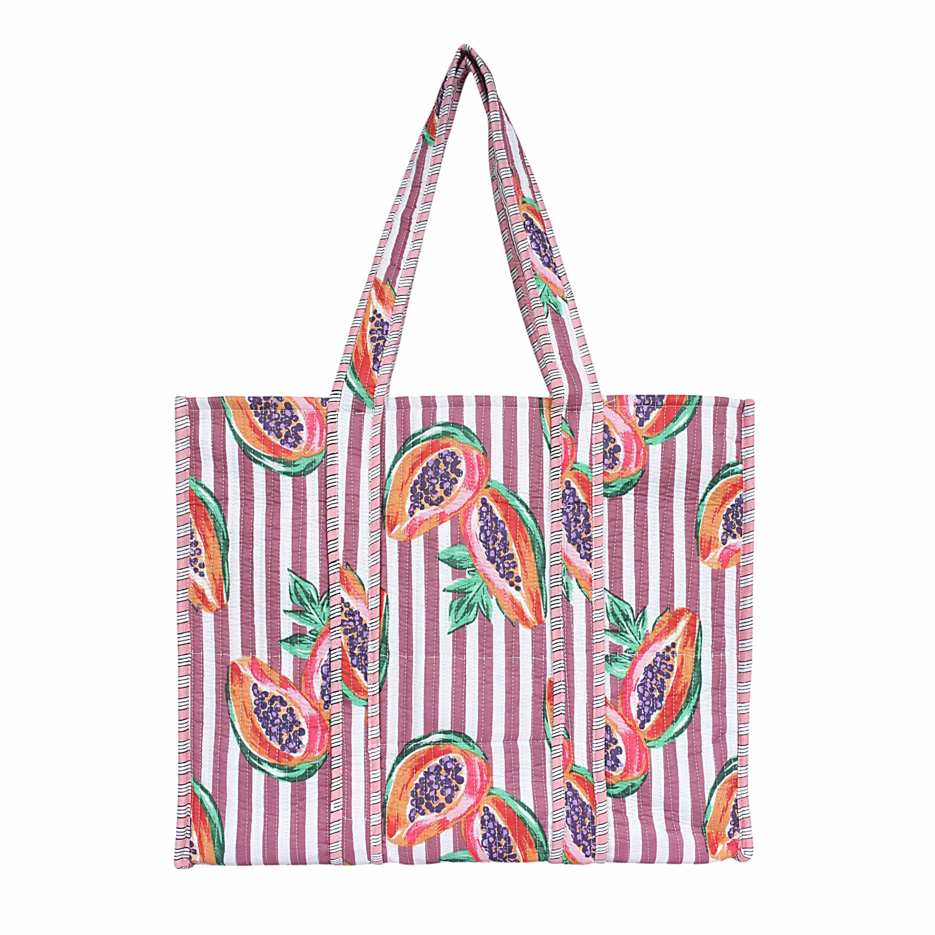 Summer Fruits Tote In Papaya — handmade hand block printed cotton tote bag, ethically made in Rajasthan, India