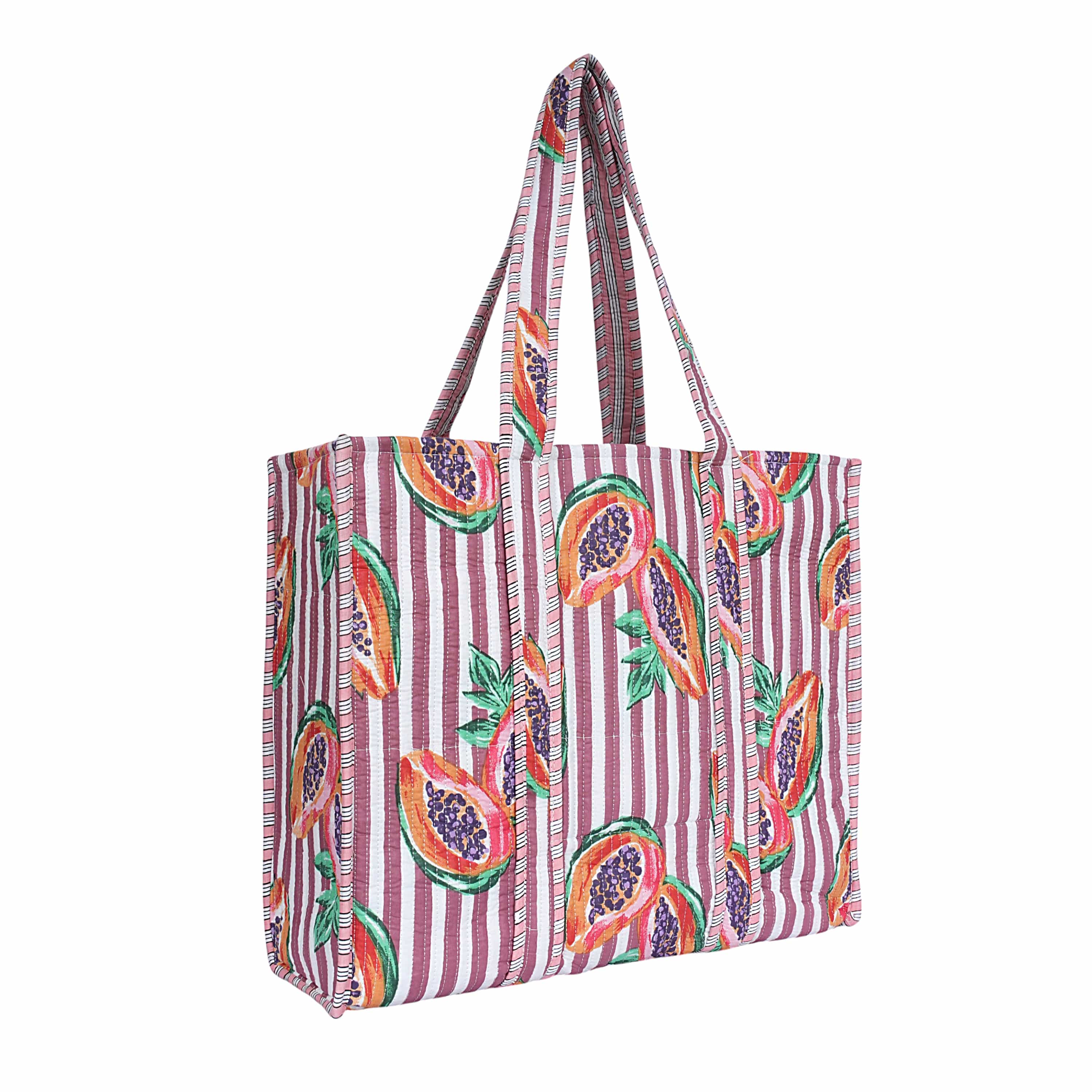 Summer Fruits Tote In Papaya — handmade hand block printed cotton tote bag, ethically made in Rajasthan, India