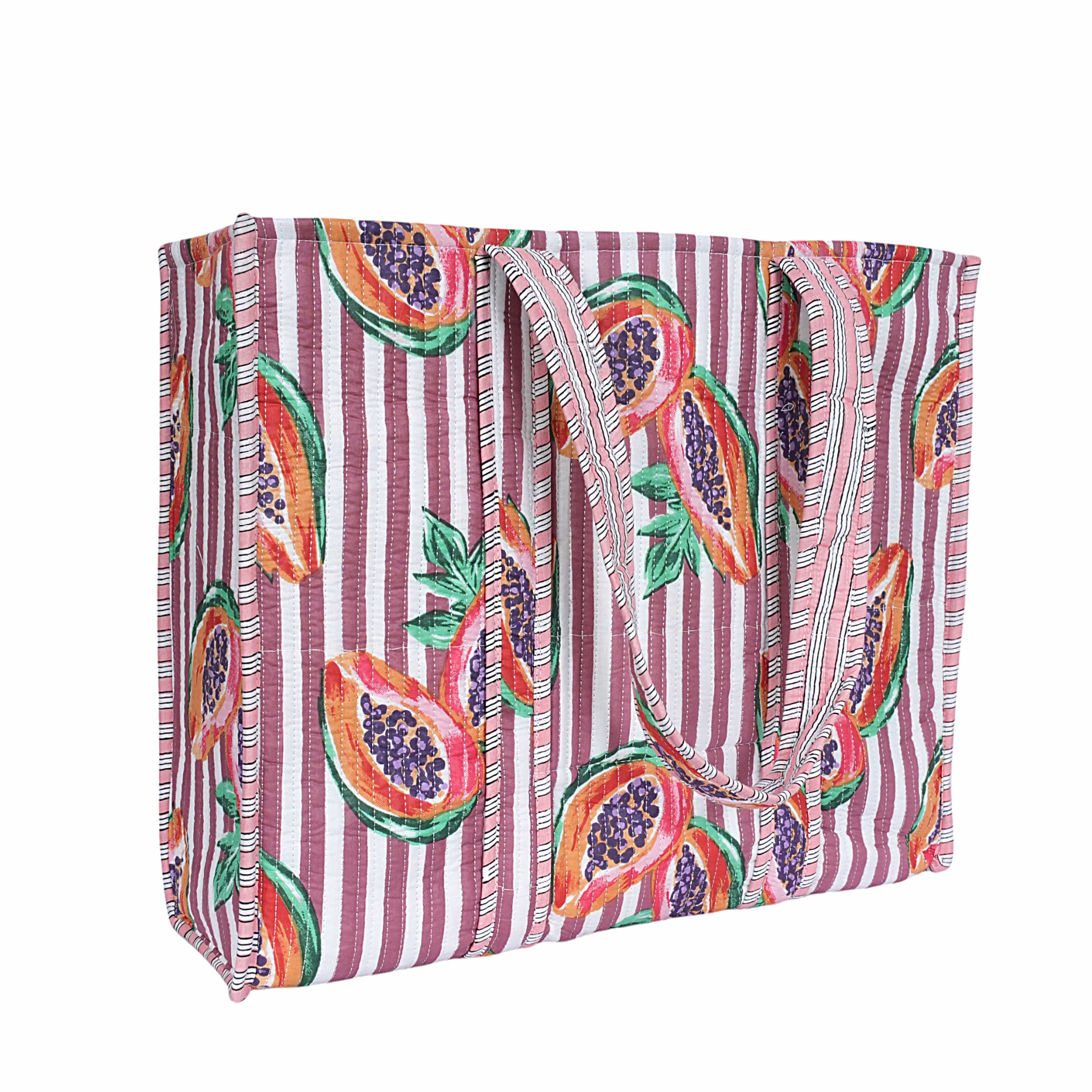 Summer Fruits Tote In Papaya — handmade hand block printed cotton tote bag, ethically made in Rajasthan, India