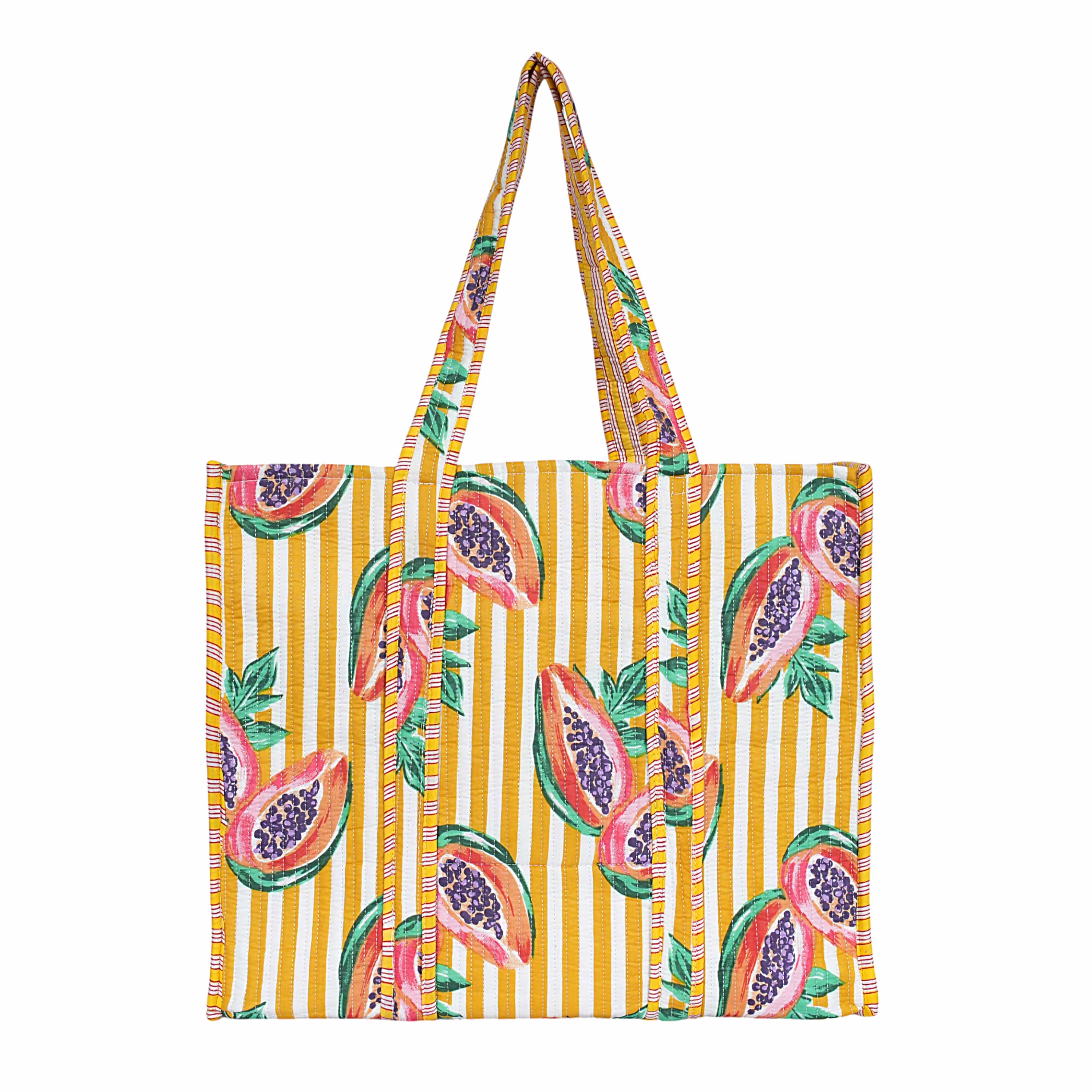 Summer Fruits Tote In Papaya — handmade hand block printed cotton tote bag, ethically made in Rajasthan, India