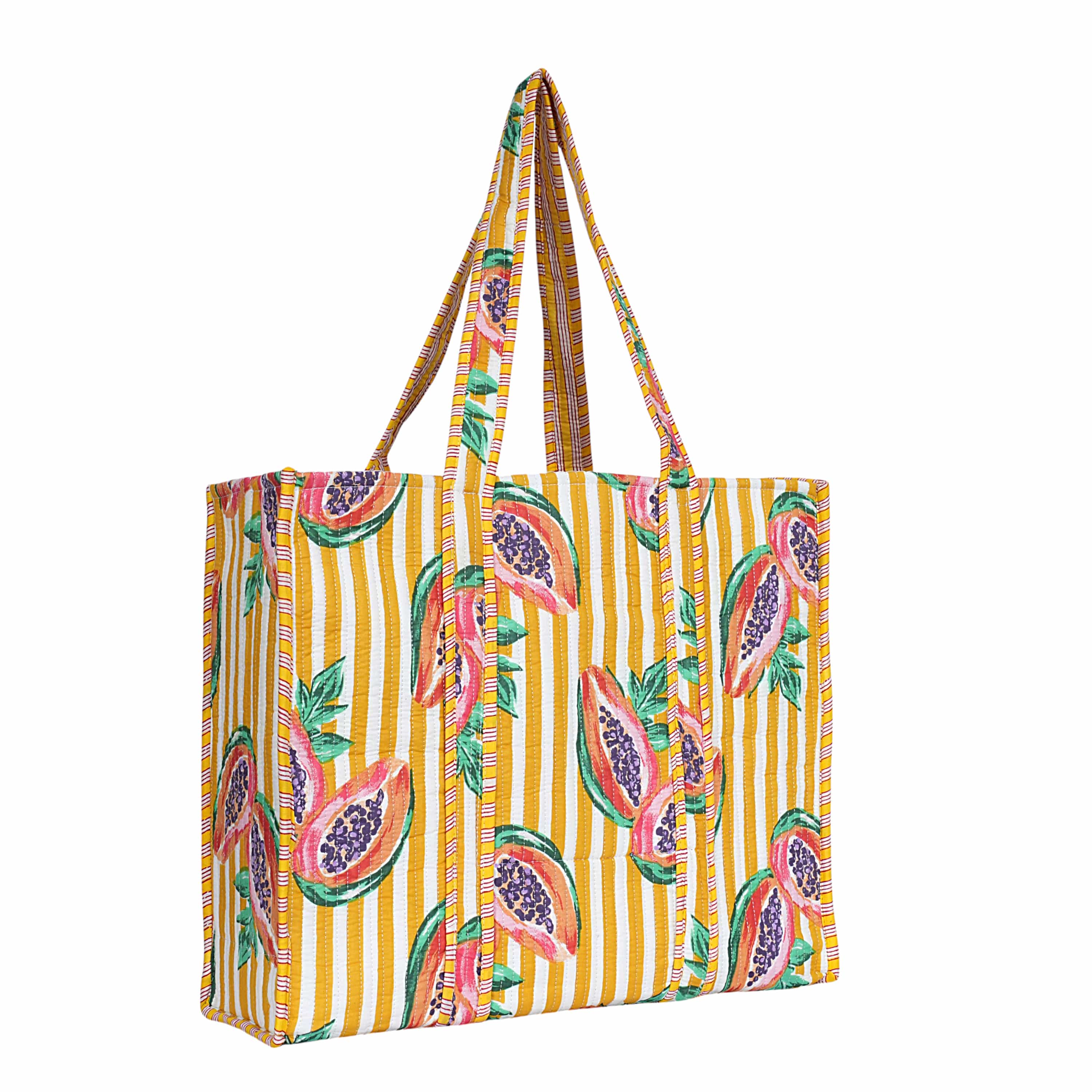Summer Fruits Tote In Papaya — handmade hand block printed cotton tote bag, ethically made in Rajasthan, India