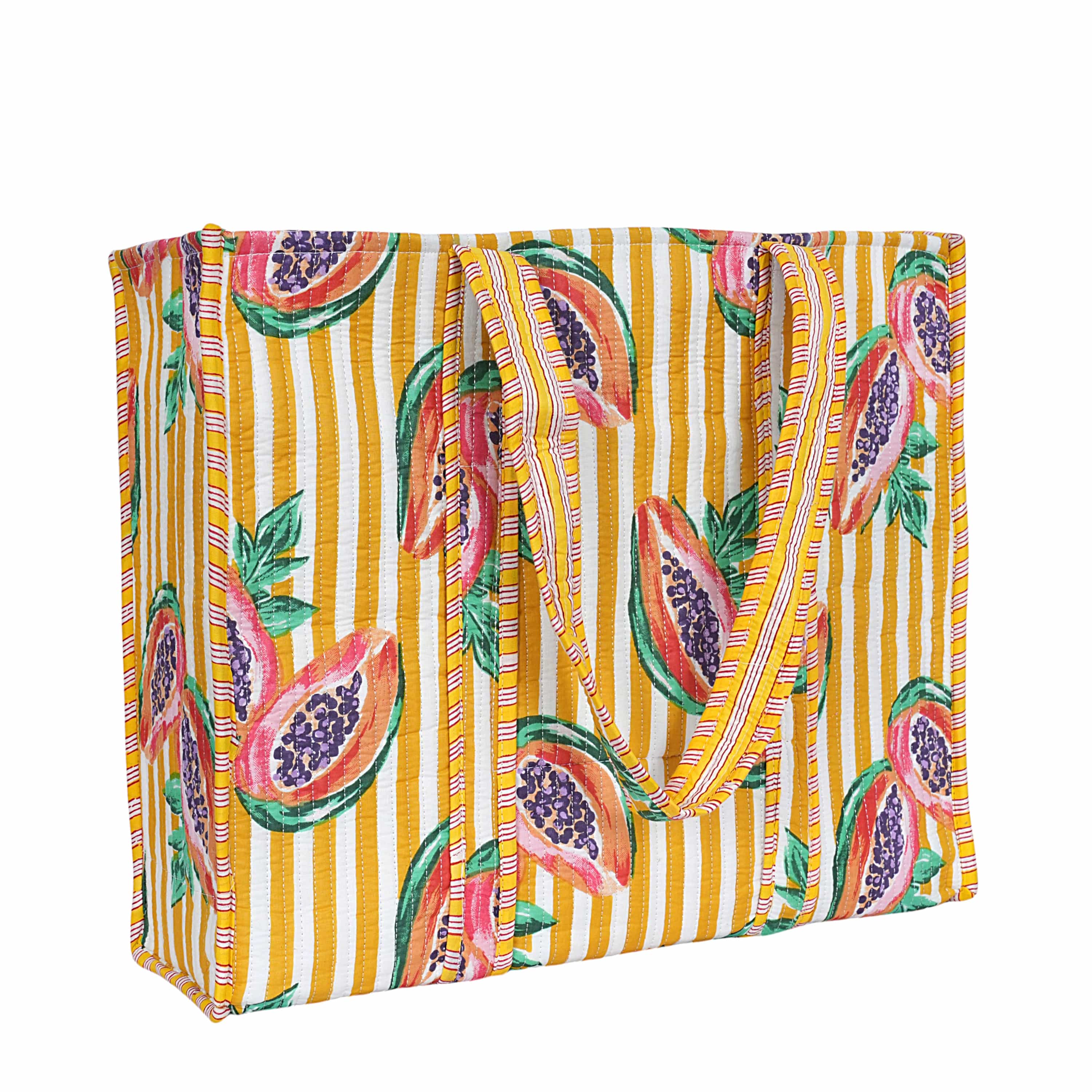 Summer Fruits Tote In Papaya — handmade hand block printed cotton tote bag, ethically made in Rajasthan, India