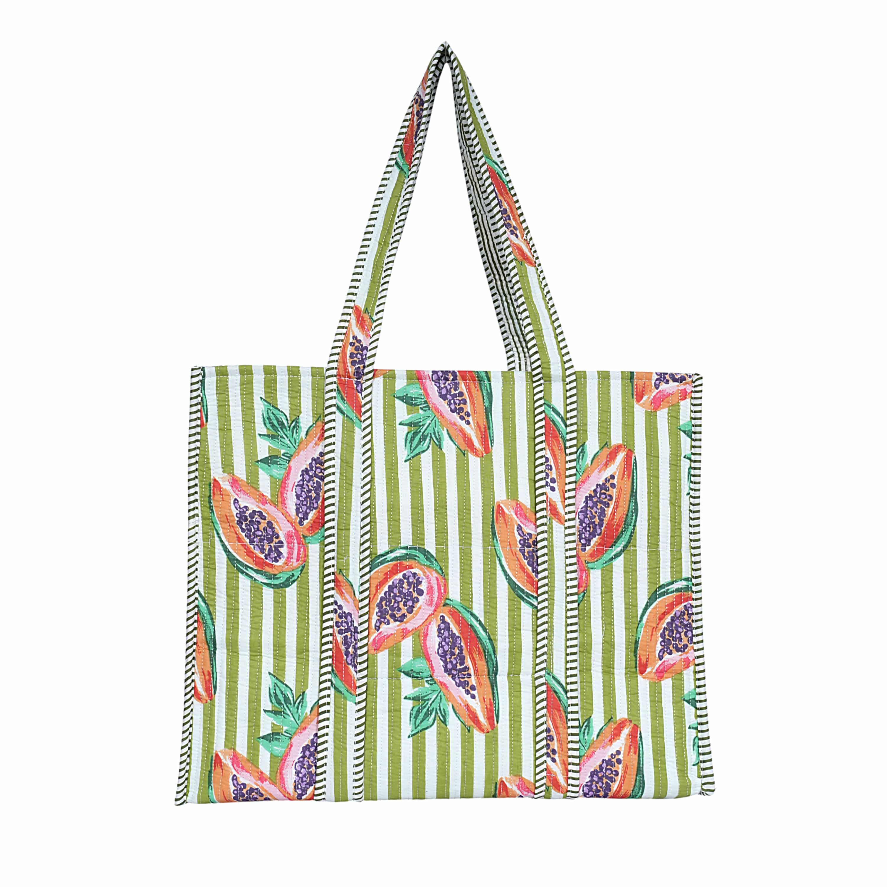 Summer Fruits Tote In Papaya — handmade hand block printed cotton tote bag, ethically made in Rajasthan, India